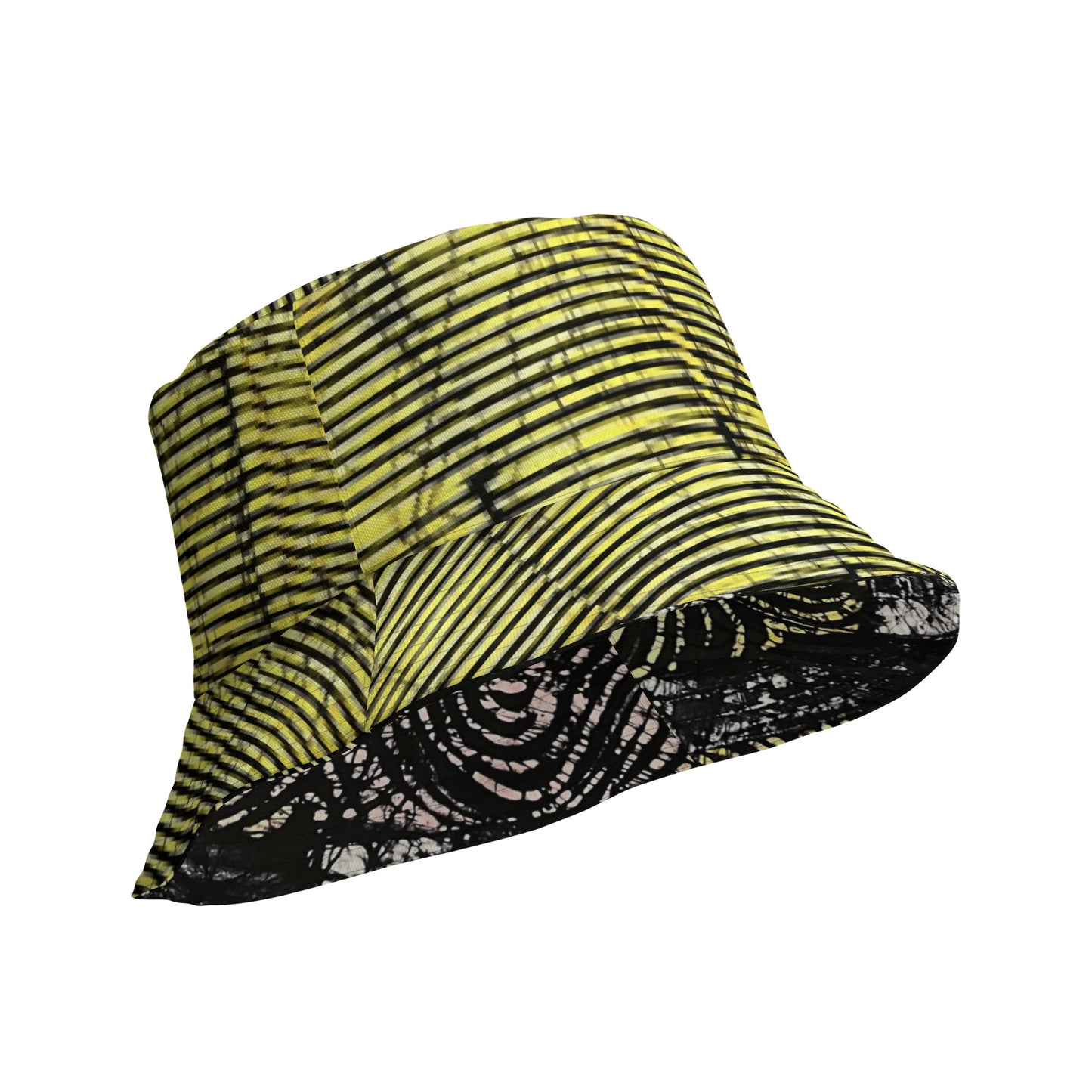 Yellow Indigo Black Swirls And Stripes Adire Reversible Bucket Hat