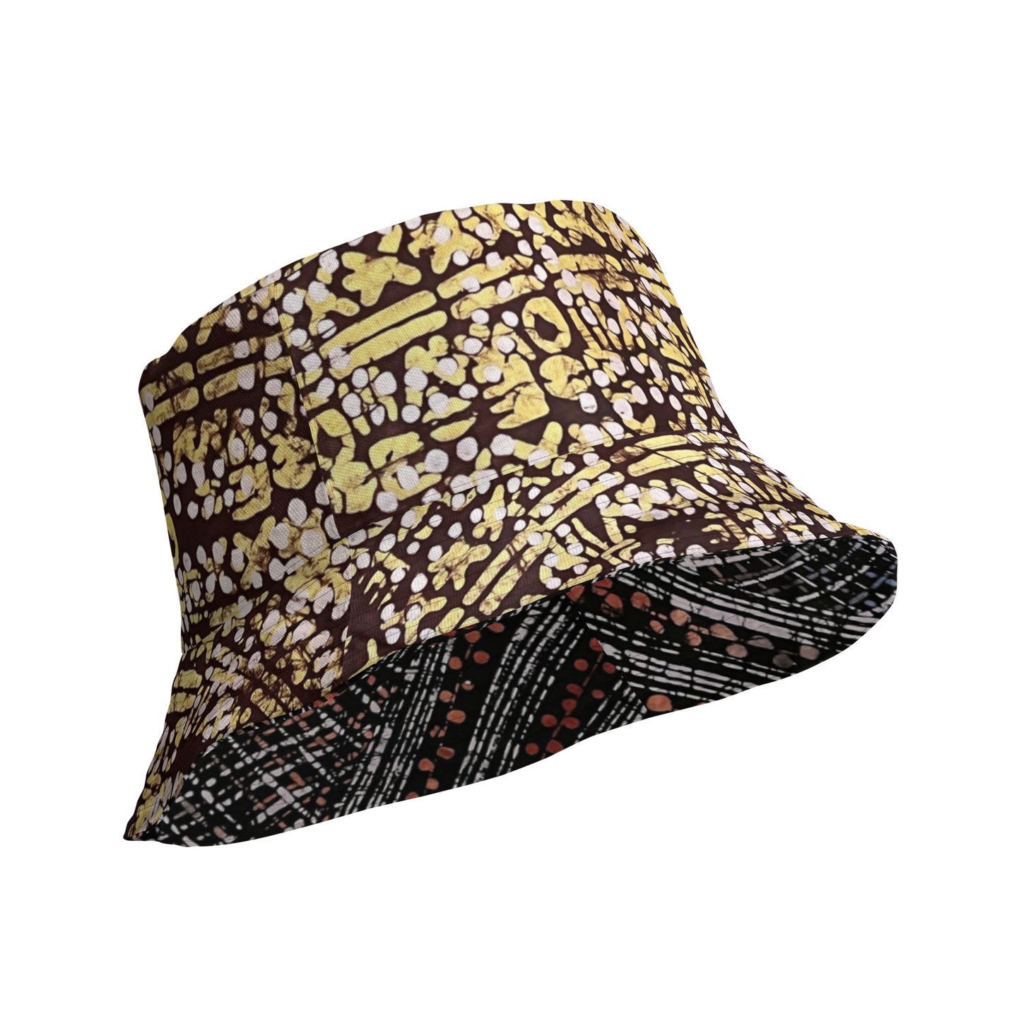 Red Blue Yellow Brown Noughts and Crosses Adire Reversible Bucket Hat