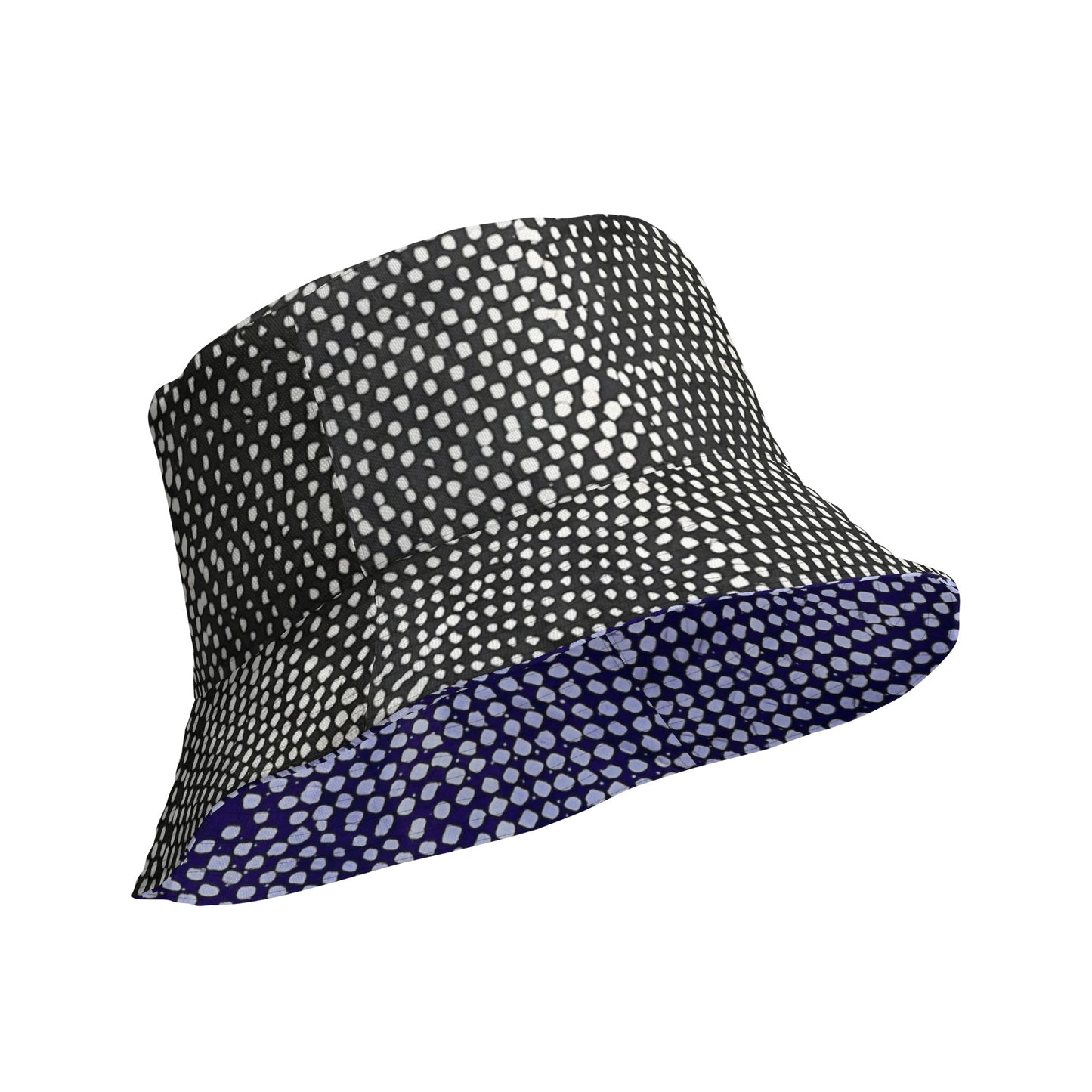 Black White Purple Polka Dot Adire Reversible Bucket Hat