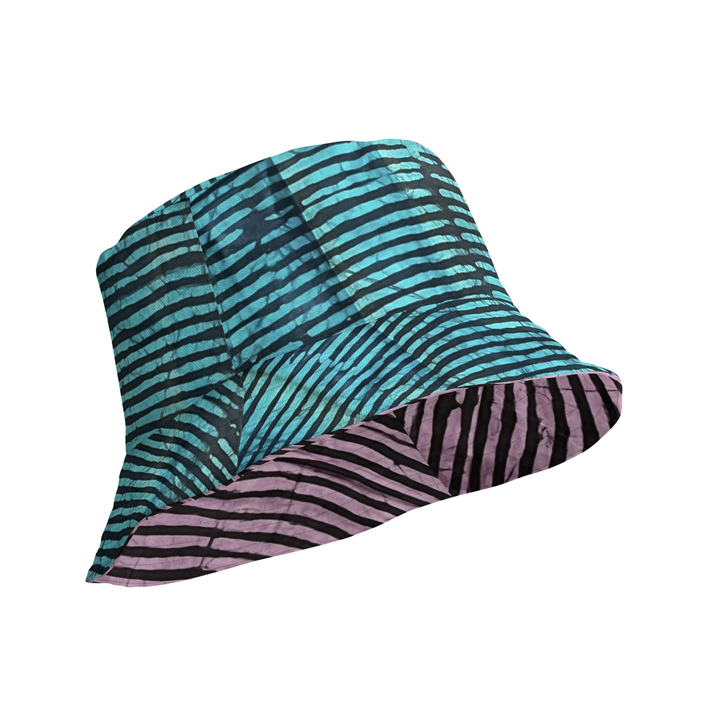 Aqua Pink Stripe Adire Reversible Bucket Hat