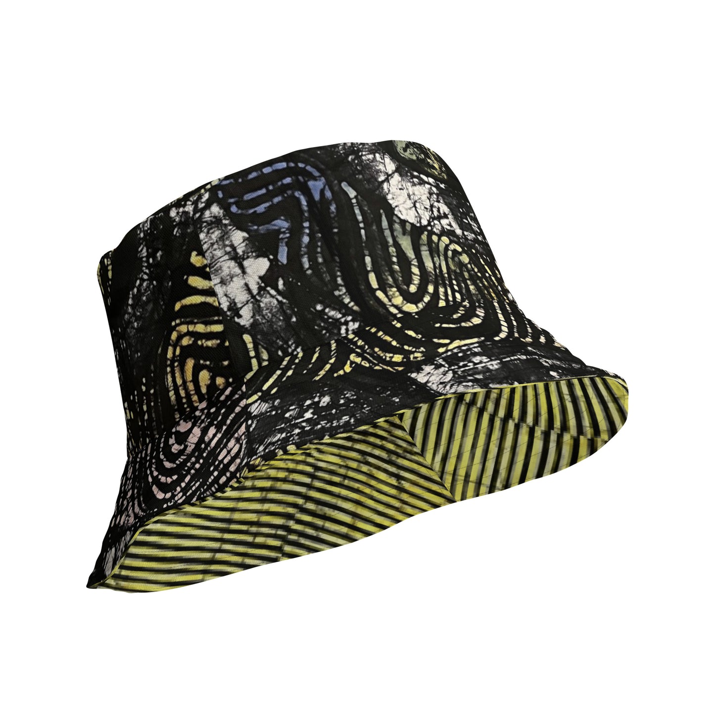 Yellow Indigo Black Swirls And Stripes Adire Reversible Bucket Hat