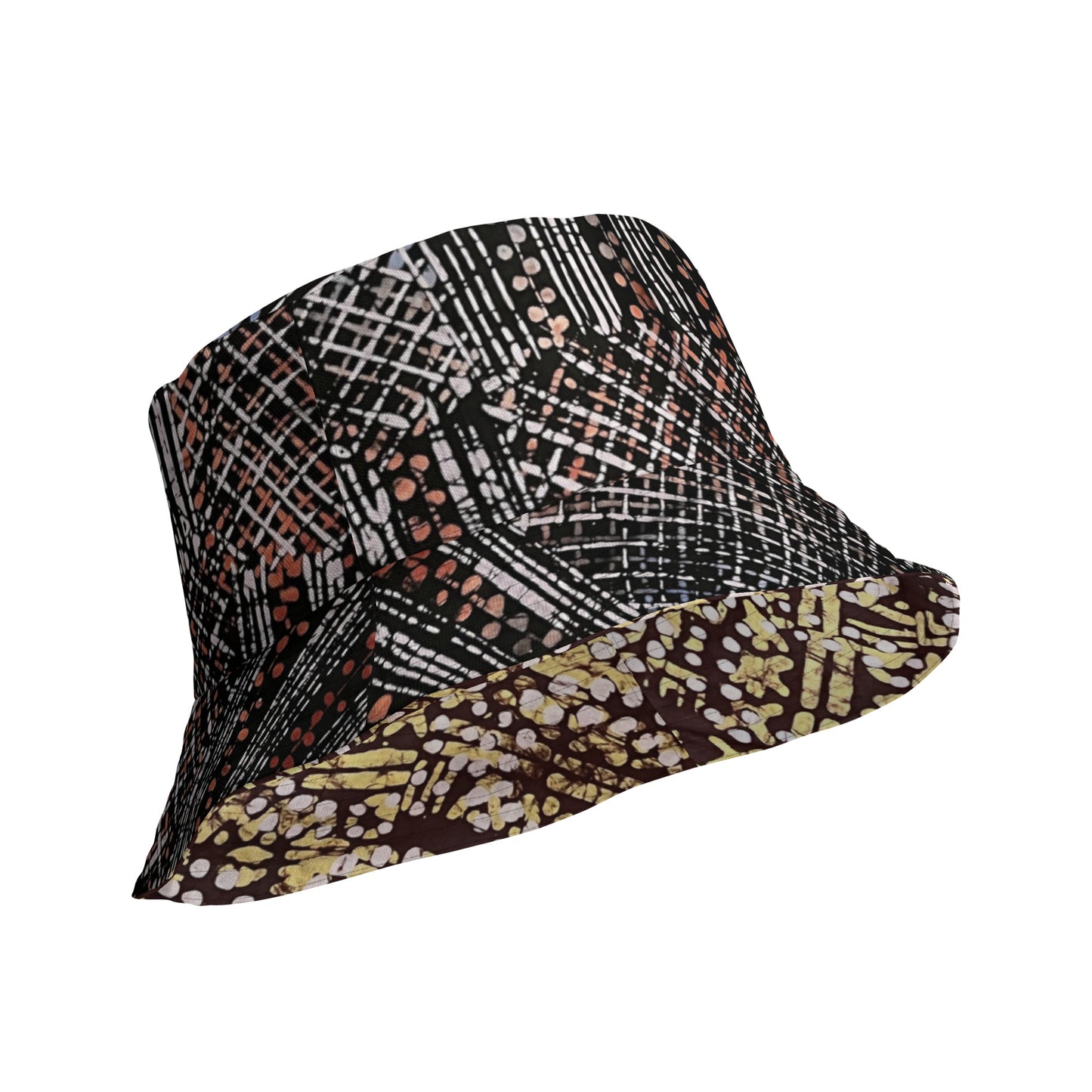 Red Blue Yellow Brown Noughts and Crosses Adire Reversible Bucket Hat