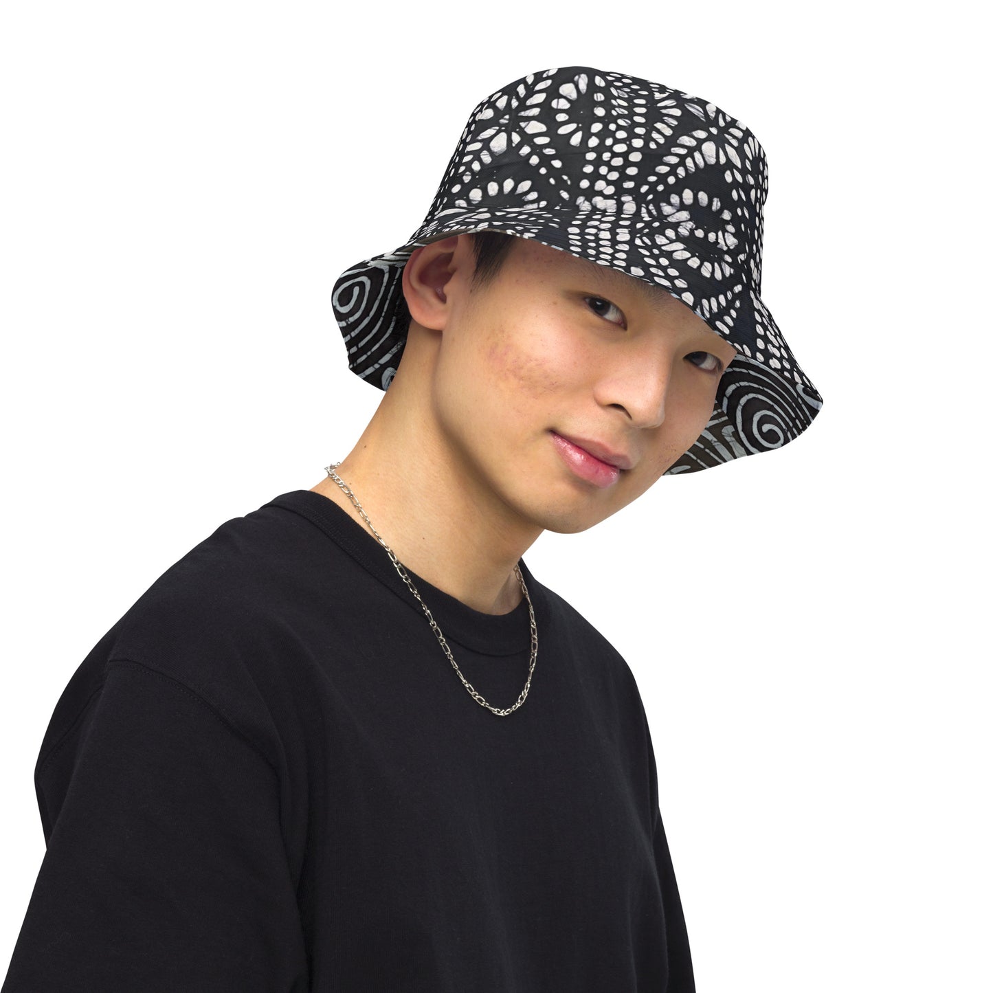 Black White Cyan Abstract Adire Reversible Bucket Hat