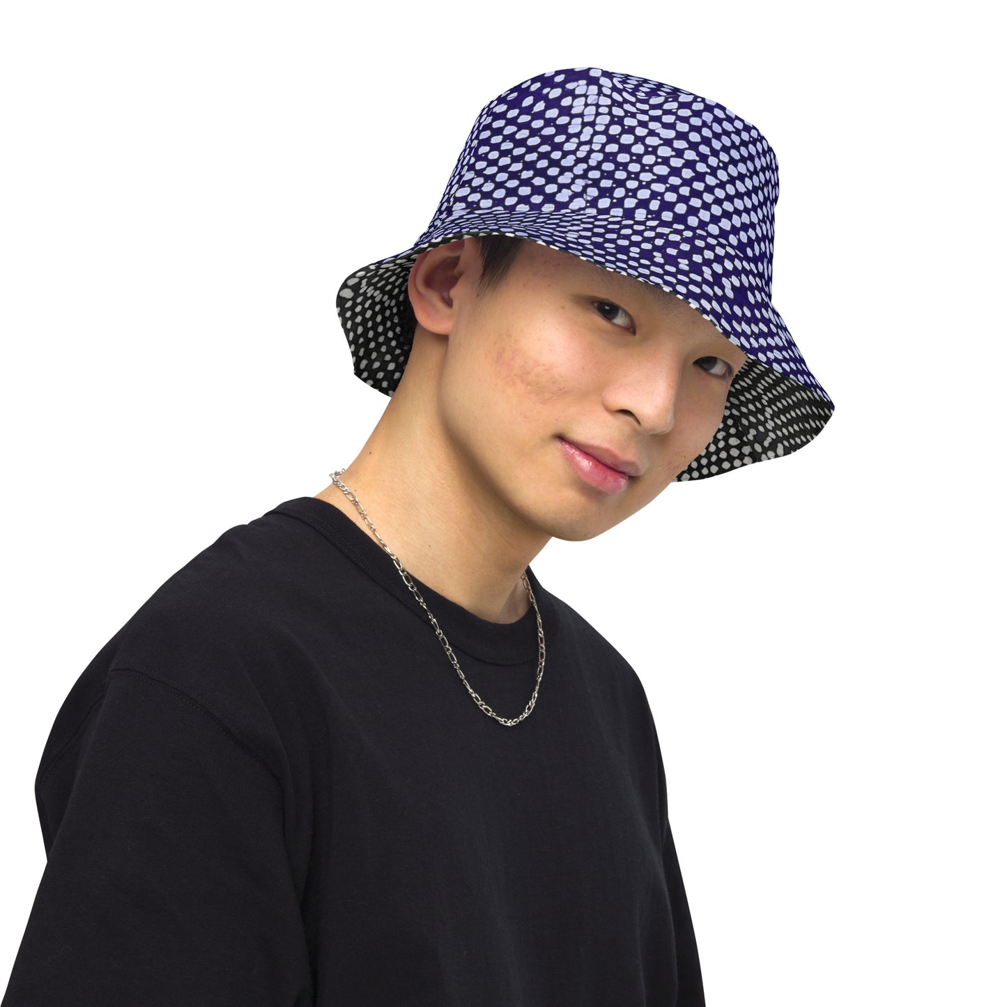 Black White Purple Polka Dot Adire Reversible Bucket Hat