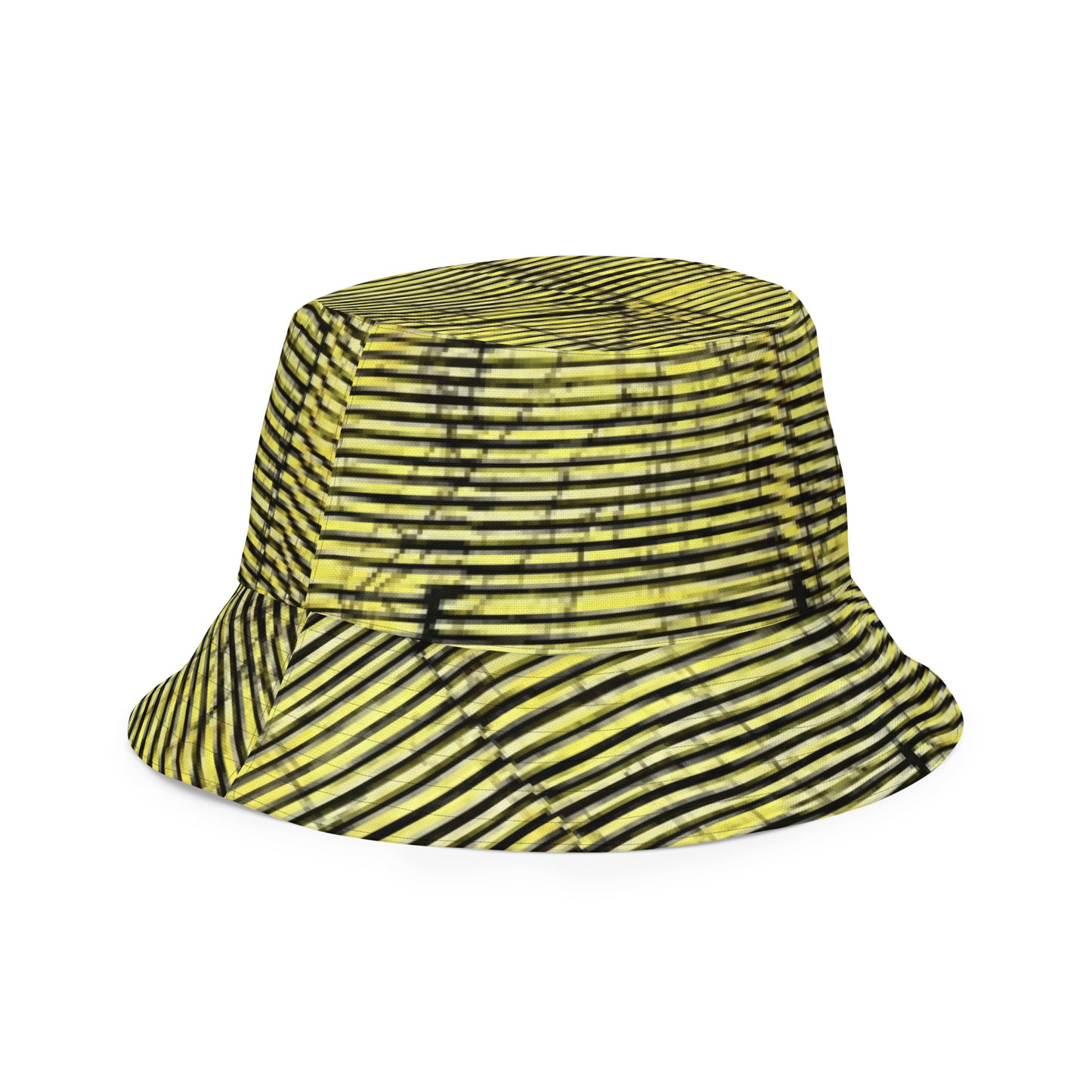 Yellow Indigo Black Swirls And Stripes Adire Reversible Bucket Hat