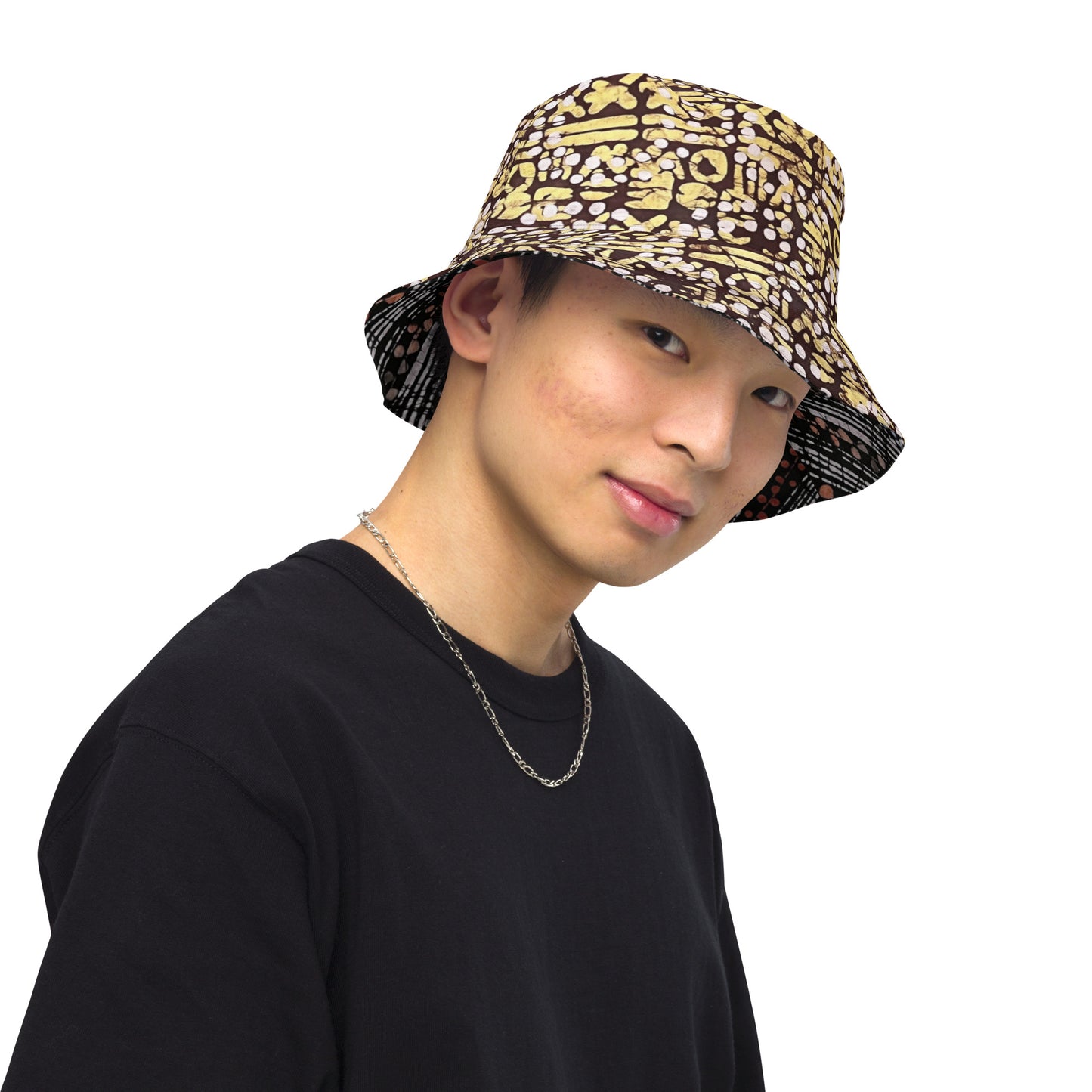 Red Blue Yellow Brown Noughts and Crosses Adire Reversible Bucket Hat