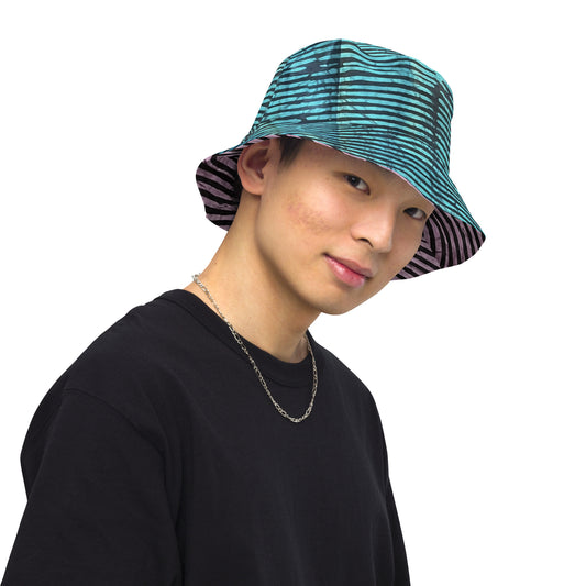 Aqua Pink Stripe Adire Reversible Bucket Hat