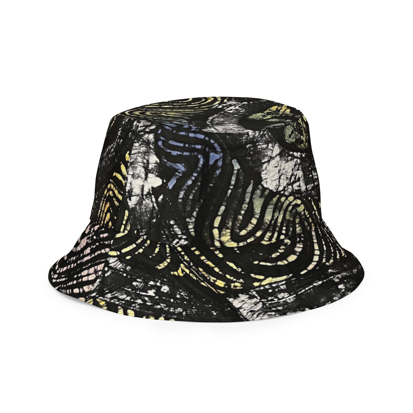 Yellow Indigo Black Swirls And Stripes Adire Reversible Bucket Hat