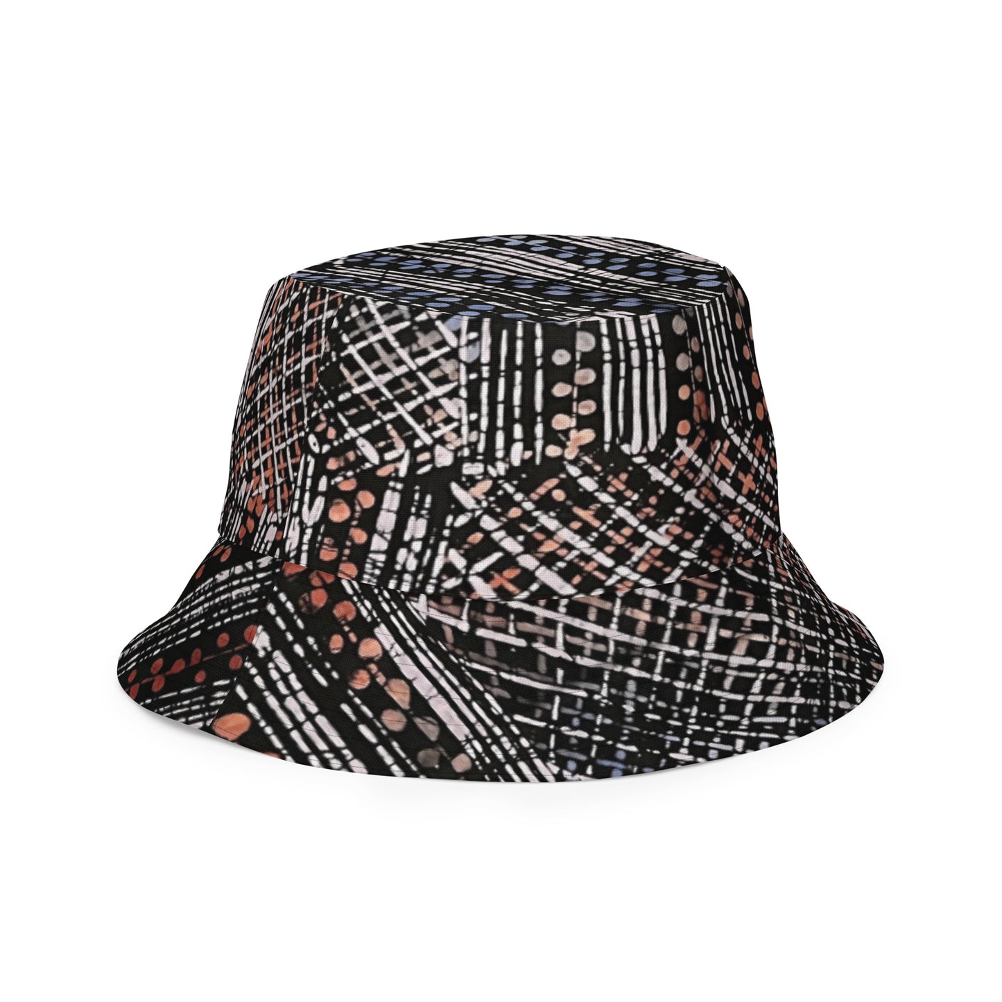 Red Blue Yellow Brown Noughts and Crosses Adire Reversible Bucket Hat