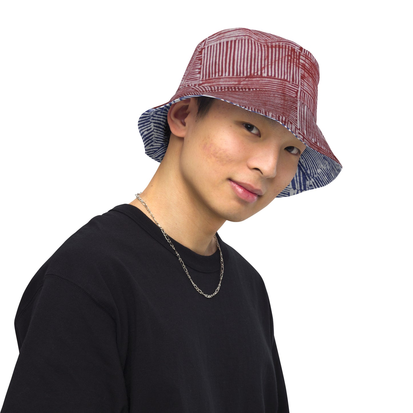 Red White Blue Stripe Adire Reversible Bucket Hat