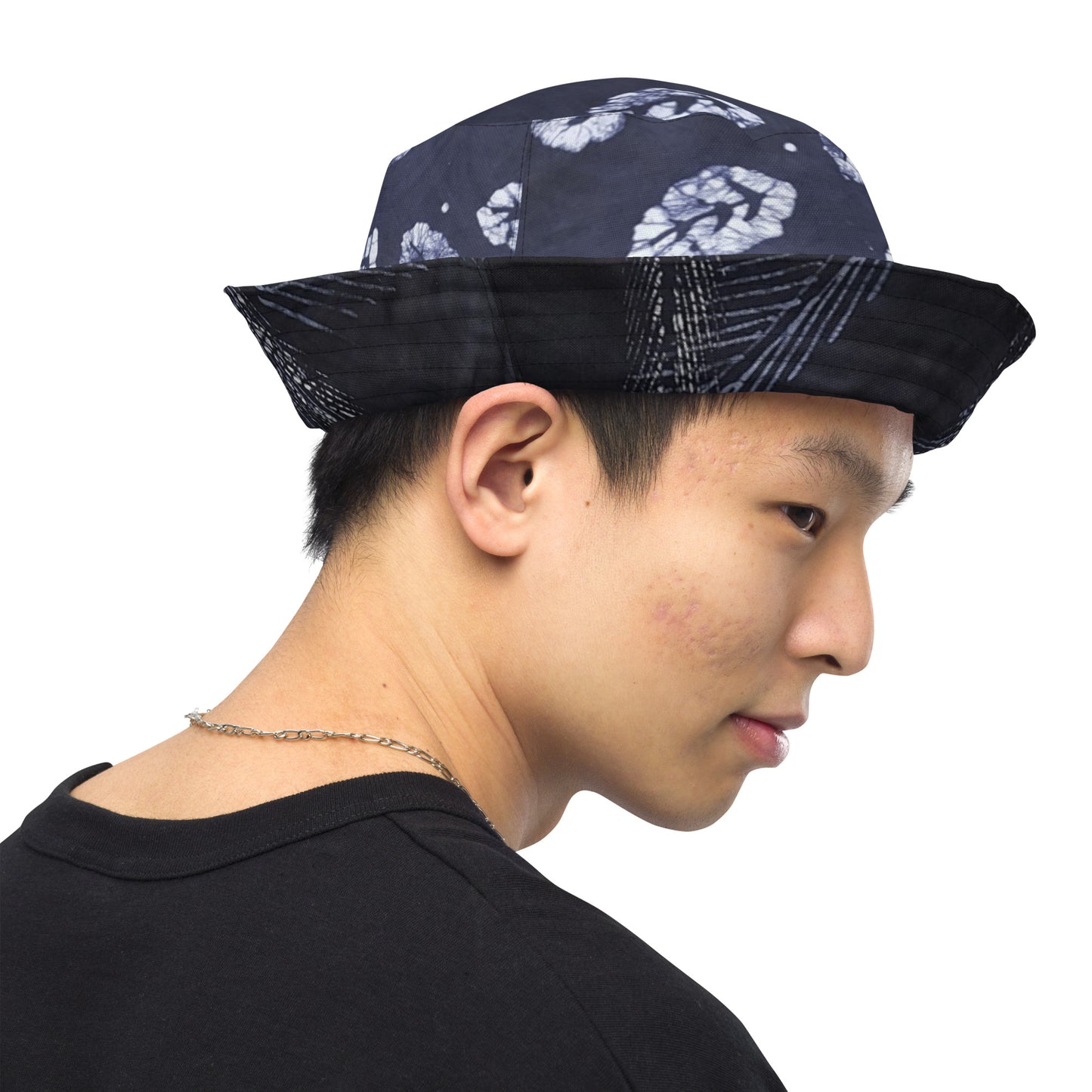 Indigo Adire Leaf Reversible Bucket Hat