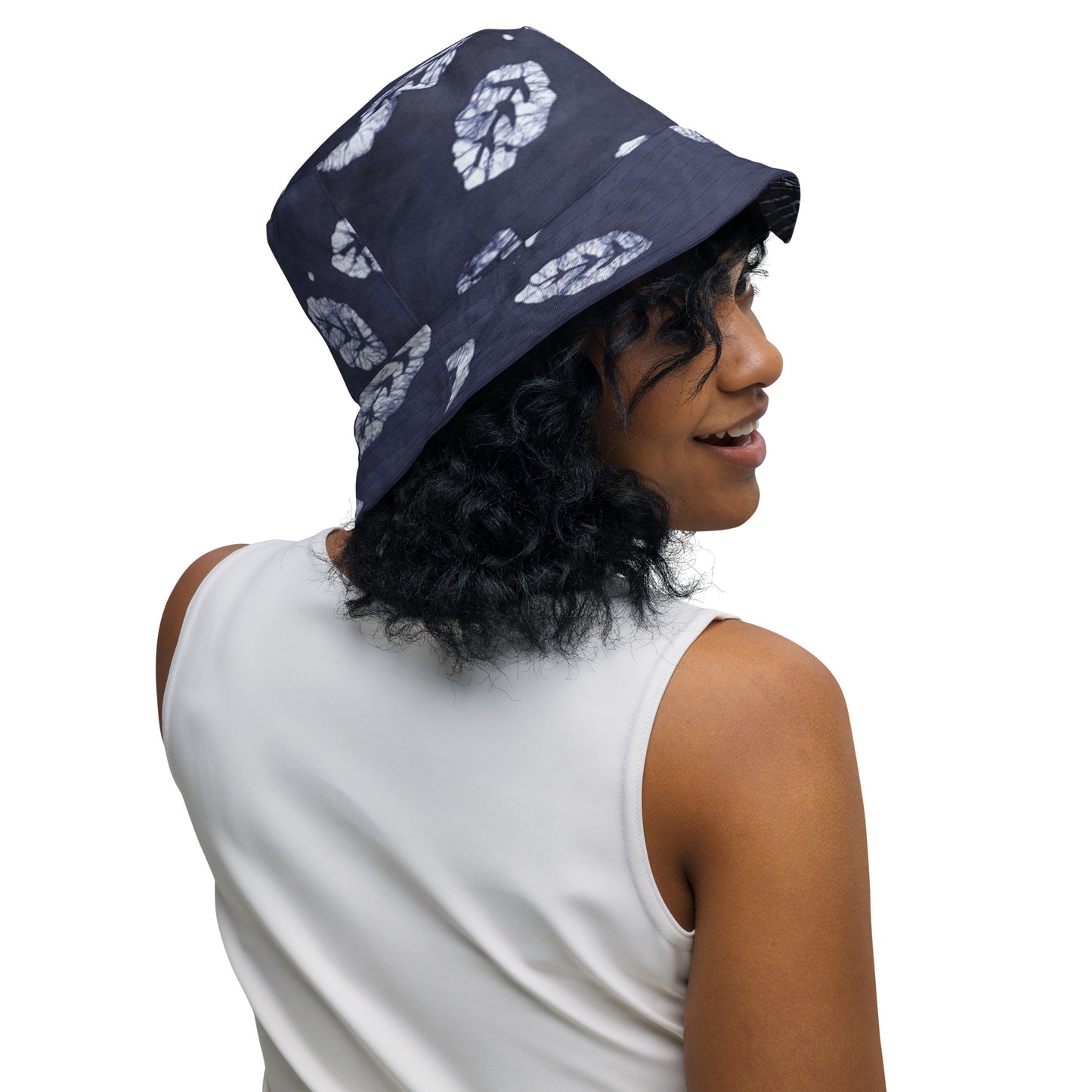 Indigo Adire Leaf Reversible Bucket Hat