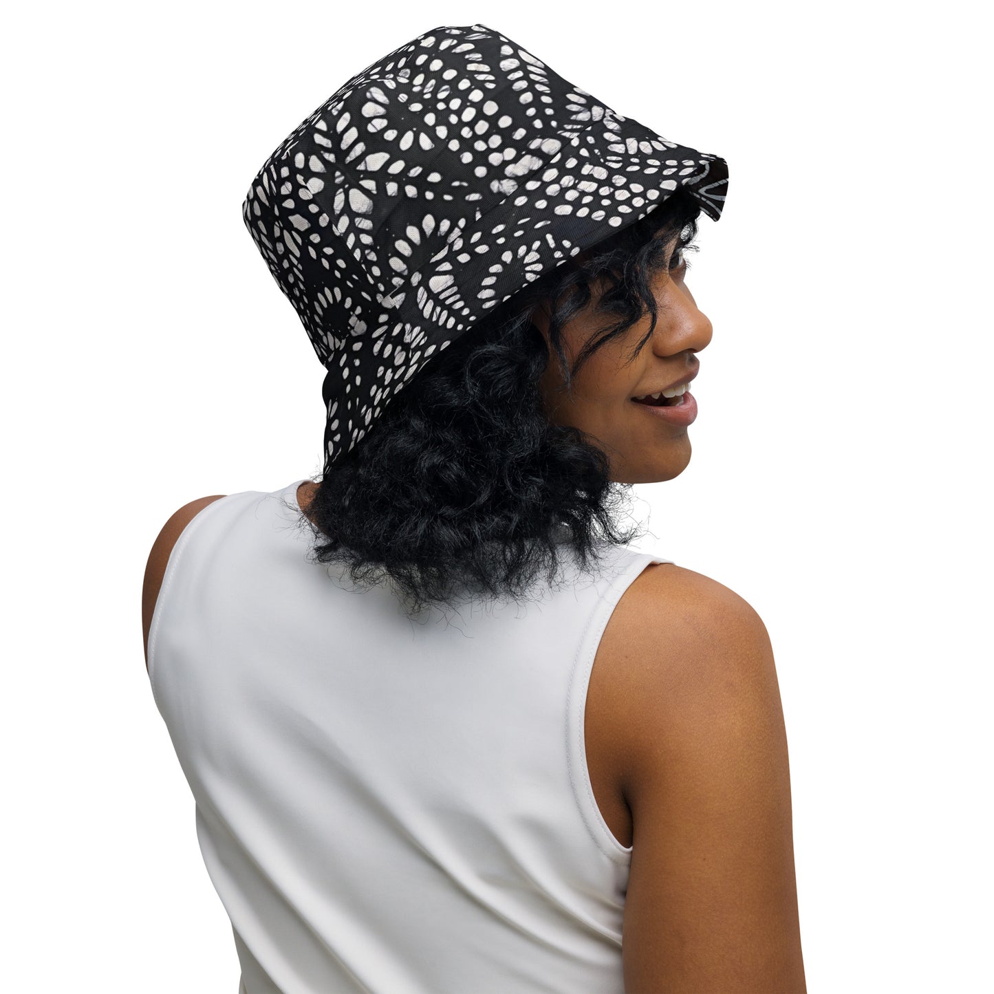 Black White Cyan Abstract Adire Reversible Bucket Hat