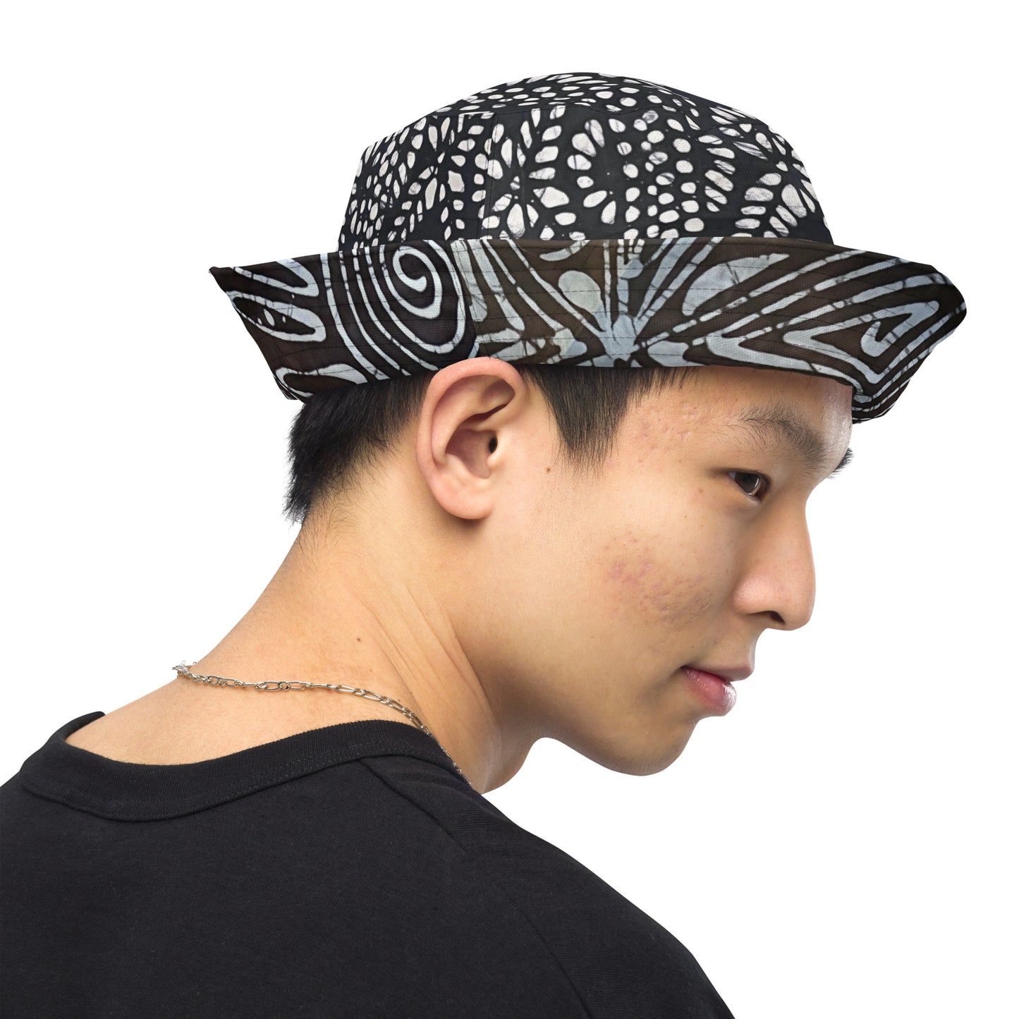 Black White Cyan Abstract Adire Reversible Bucket Hat