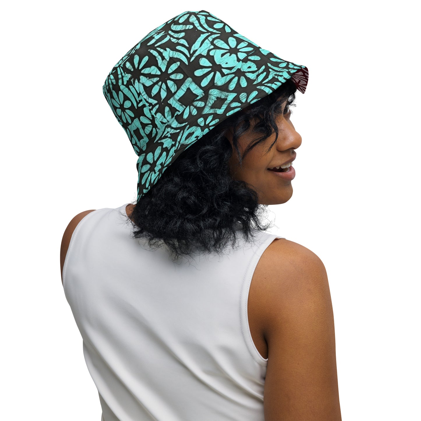 Red Green Abstract Adire Reversible Bucket Hat