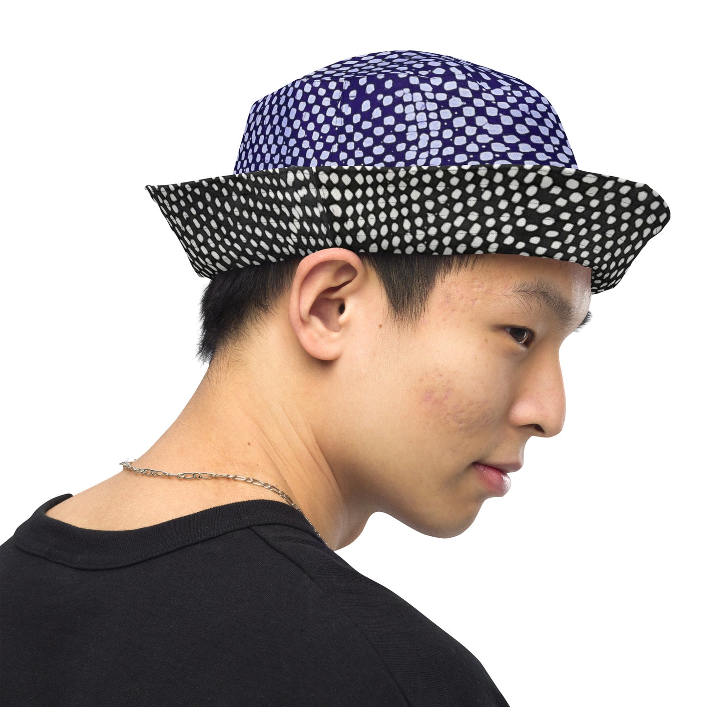 Black White Purple Polka Dot Adire Reversible Bucket Hat