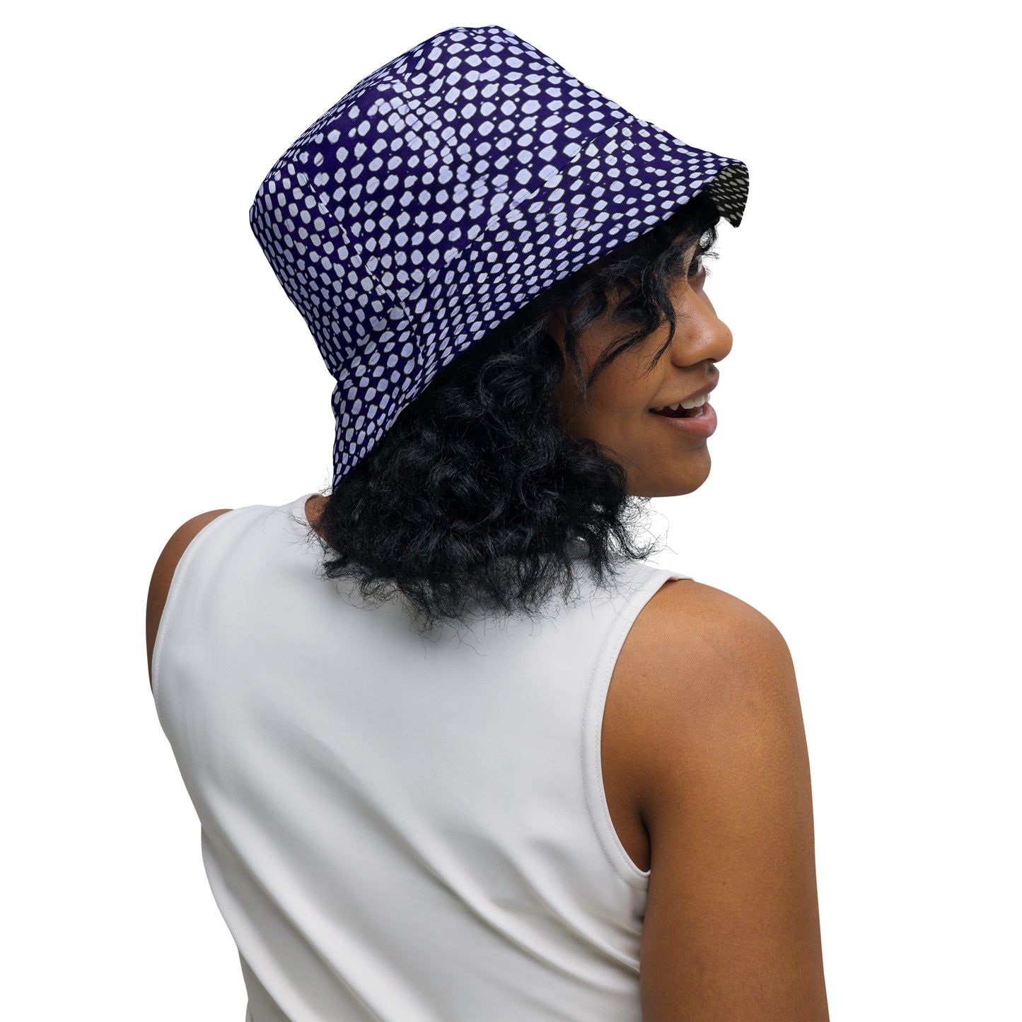 Black White Purple Polka Dot Adire Reversible Bucket Hat