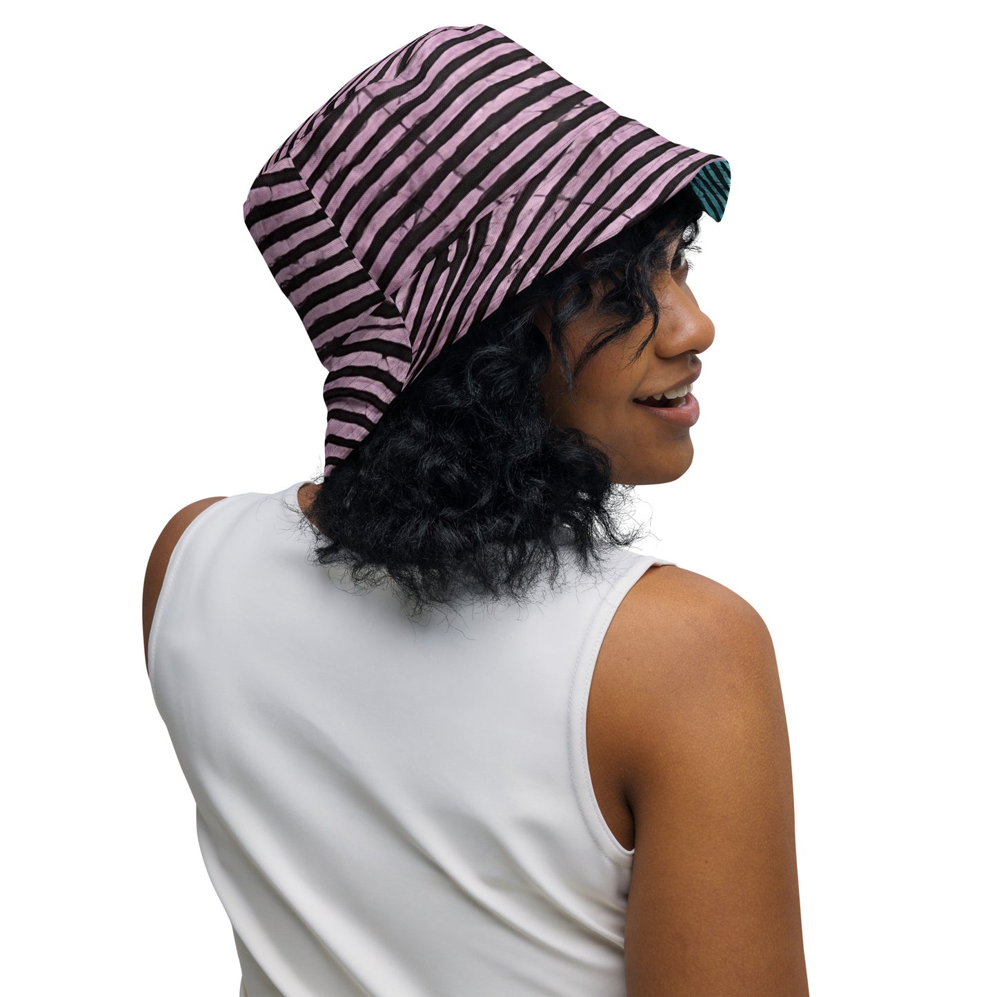 Aqua Pink Stripe Adire Reversible Bucket Hat