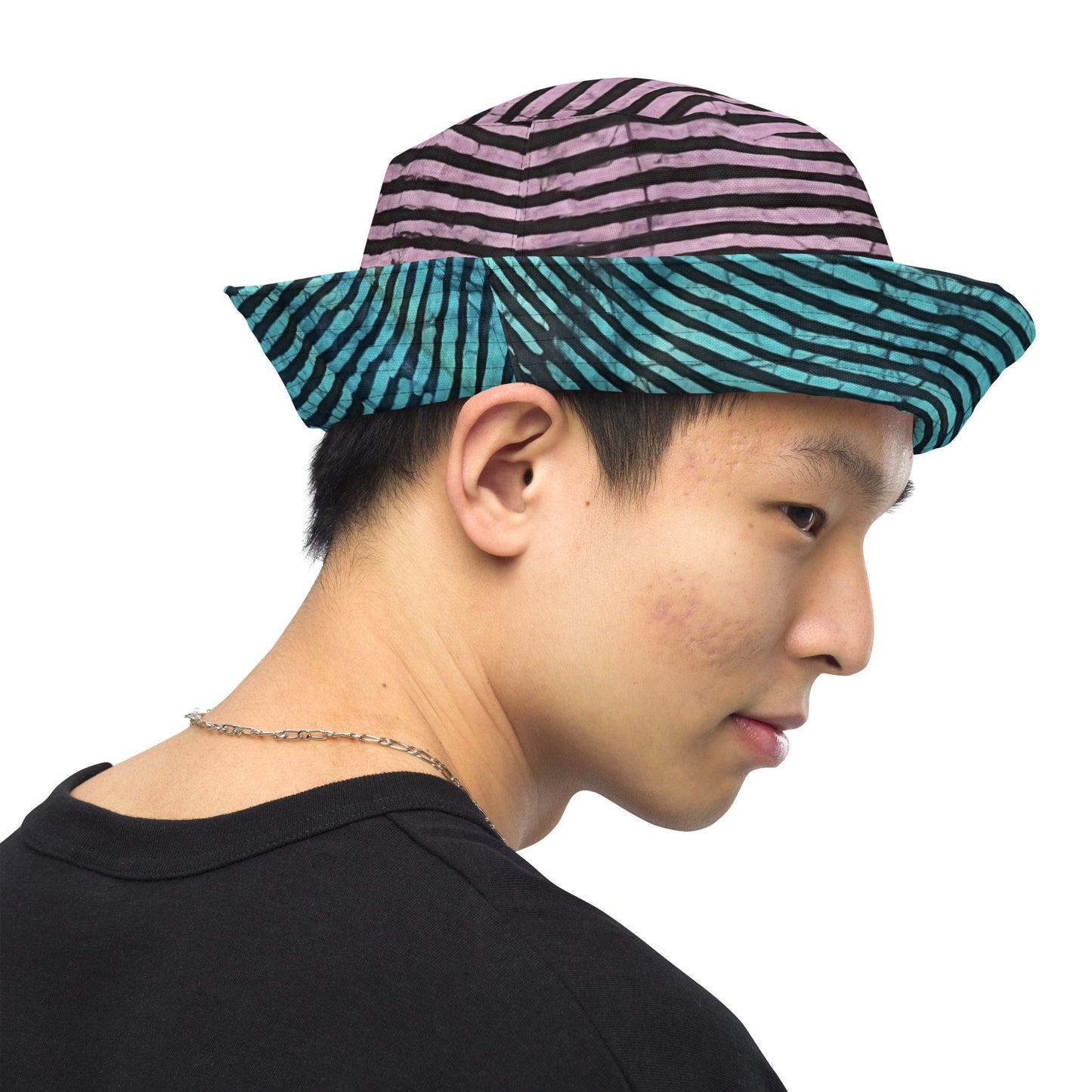 Aqua Pink Stripe Adire Reversible Bucket Hat