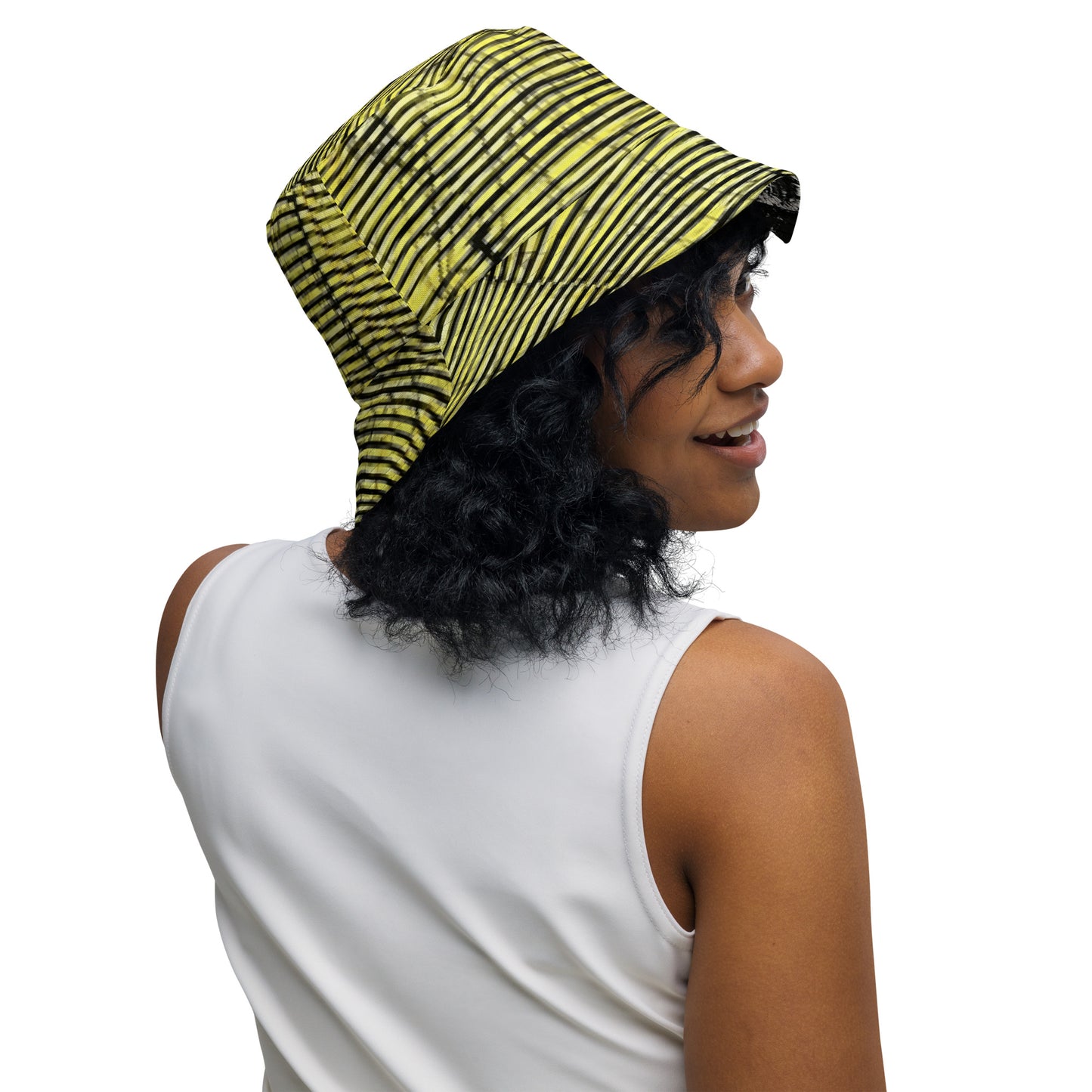 Yellow Indigo Black Swirls And Stripes Adire Reversible Bucket Hat