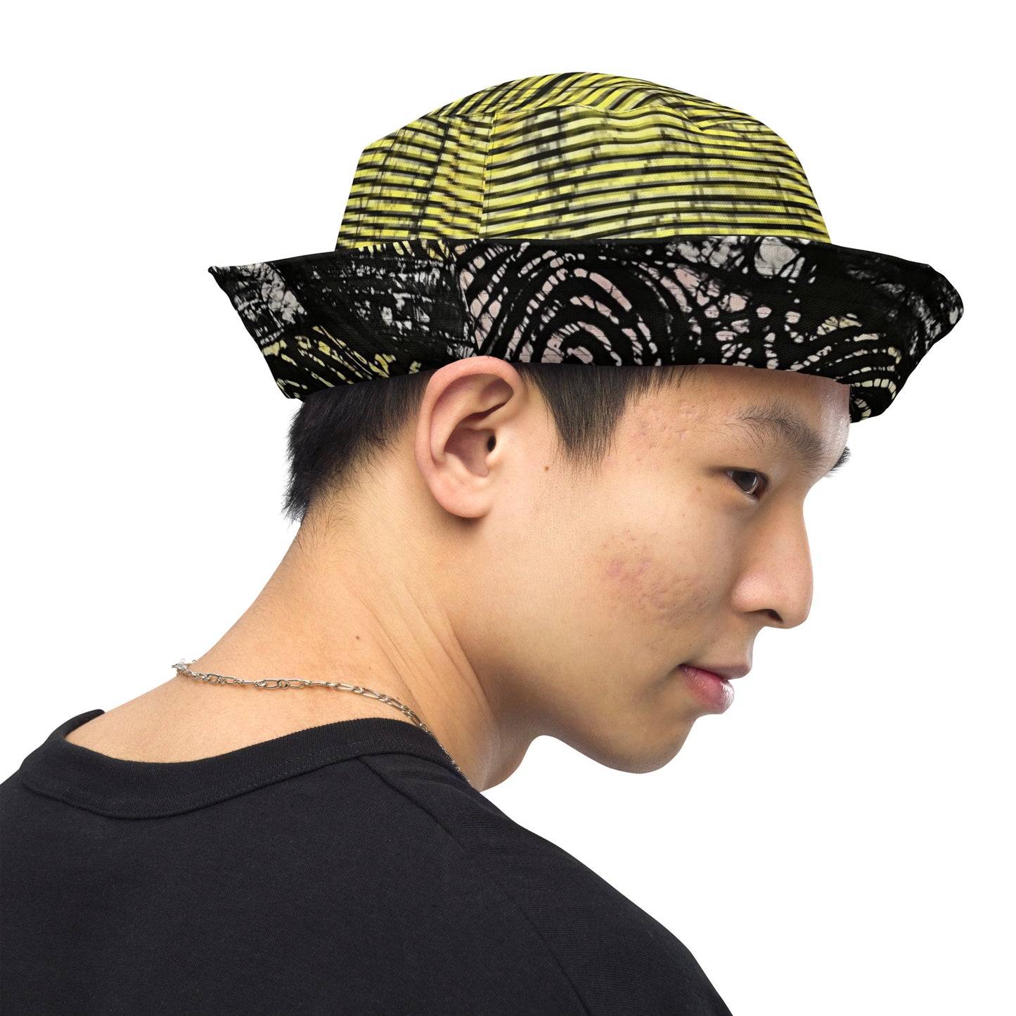 Yellow Indigo Black Swirls And Stripes Adire Reversible Bucket Hat