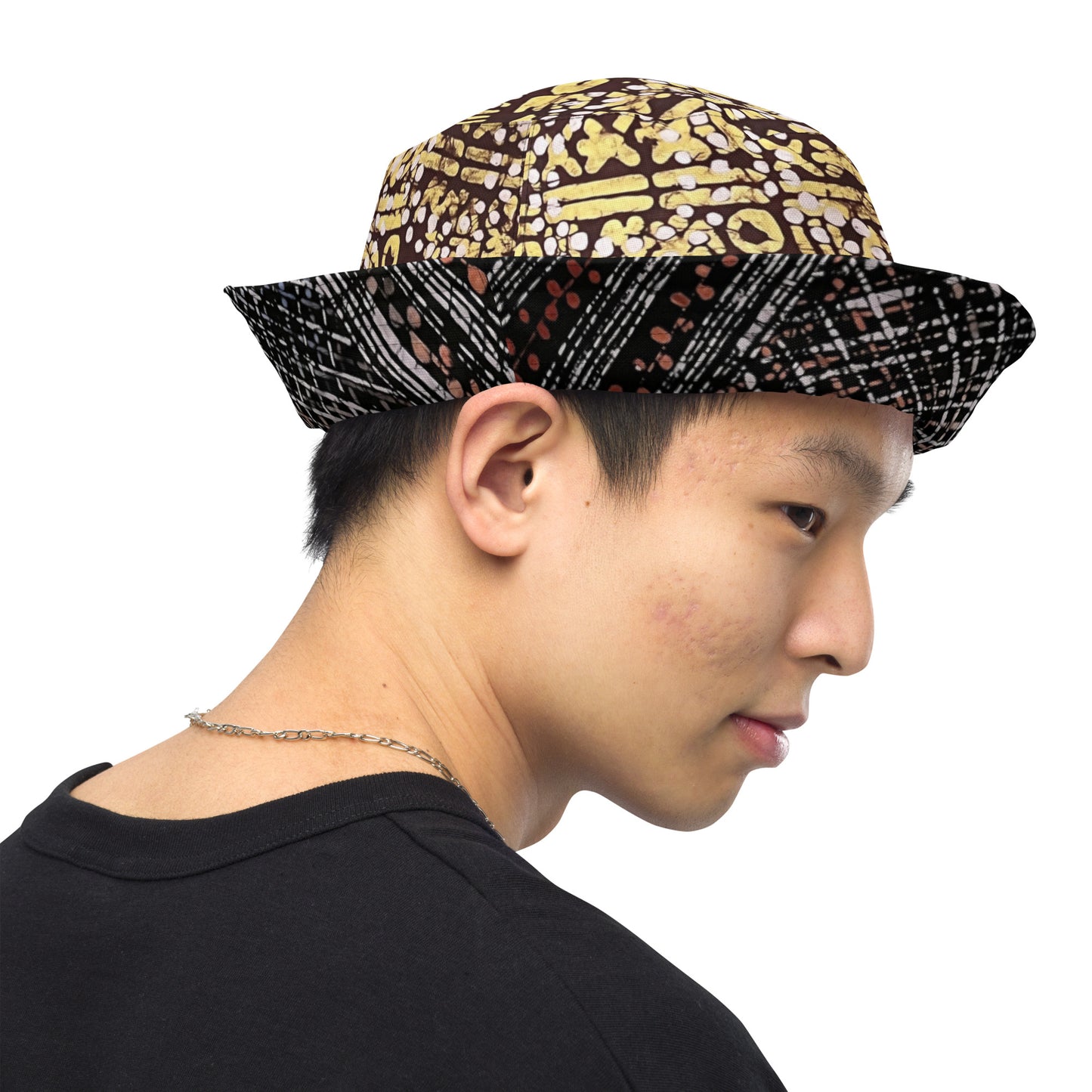 Red Blue Yellow Brown Noughts and Crosses Adire Reversible Bucket Hat