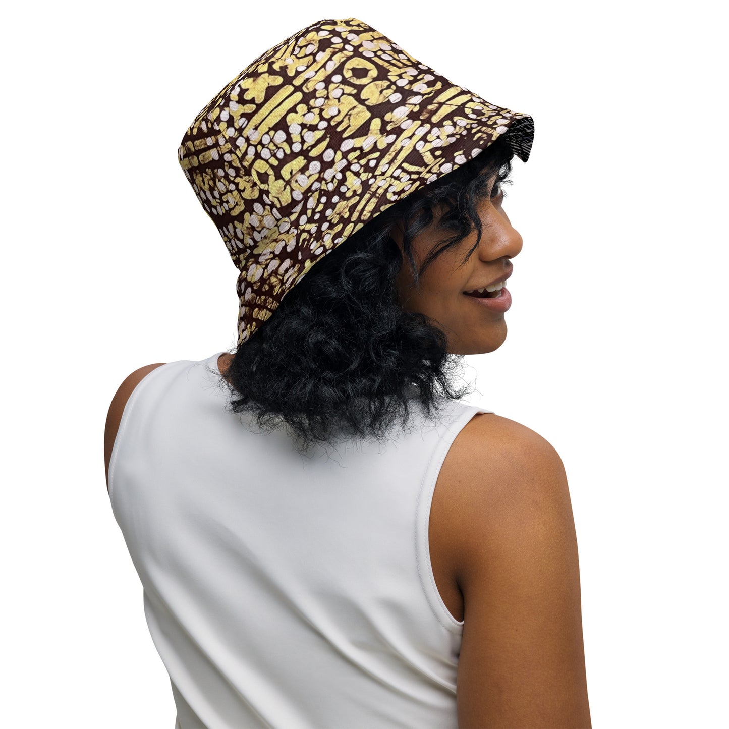 Red Blue Yellow Brown Noughts and Crosses Adire Reversible Bucket Hat