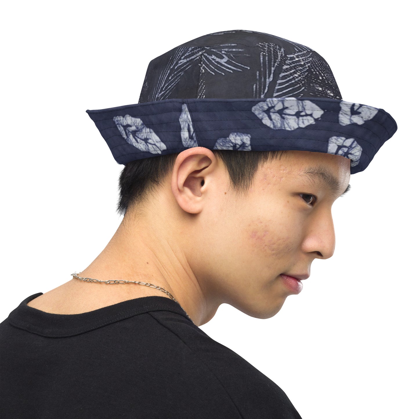 Indigo Adire Leaf Reversible Bucket Hat