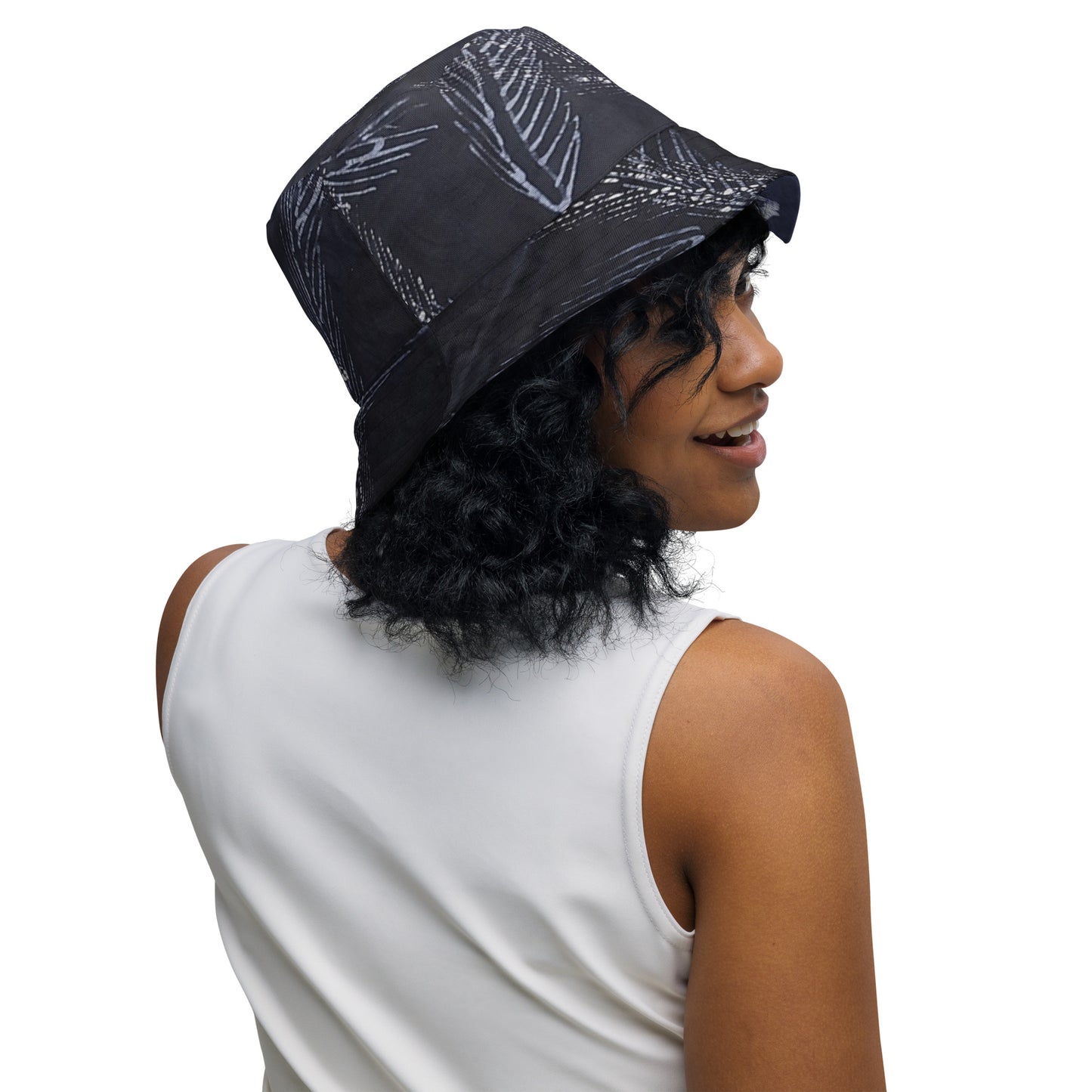 Indigo Adire Leaf Reversible Bucket Hat