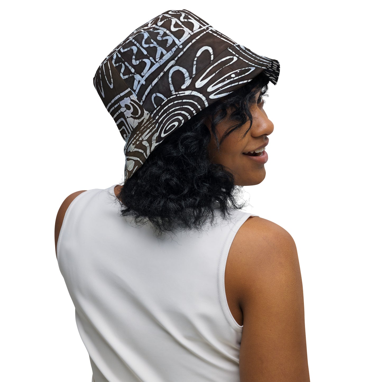 Black White Cyan Abstract Adire Reversible Bucket Hat