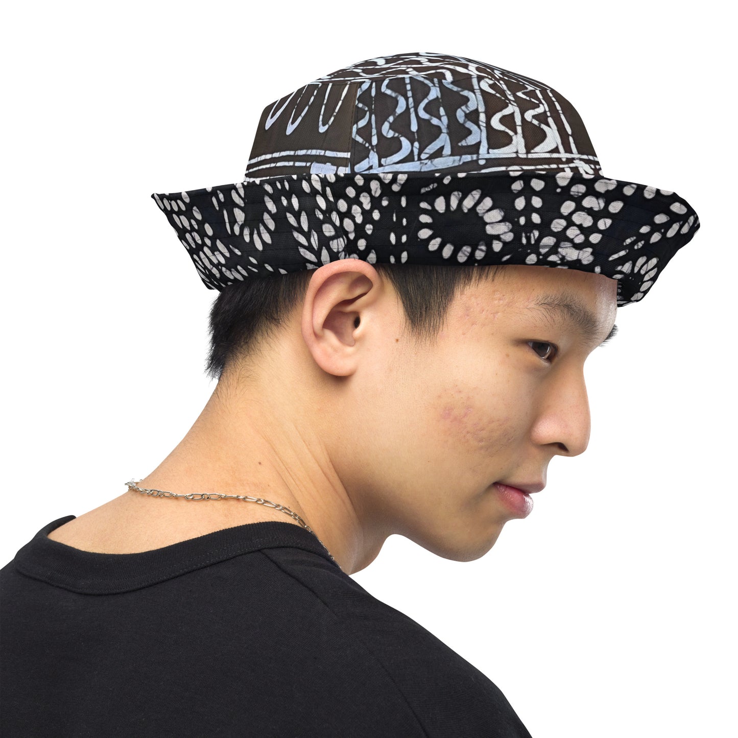 Black White Cyan Abstract Adire Reversible Bucket Hat