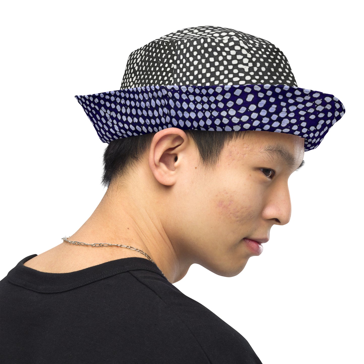 Black White Purple Polka Dot Adire Reversible Bucket Hat