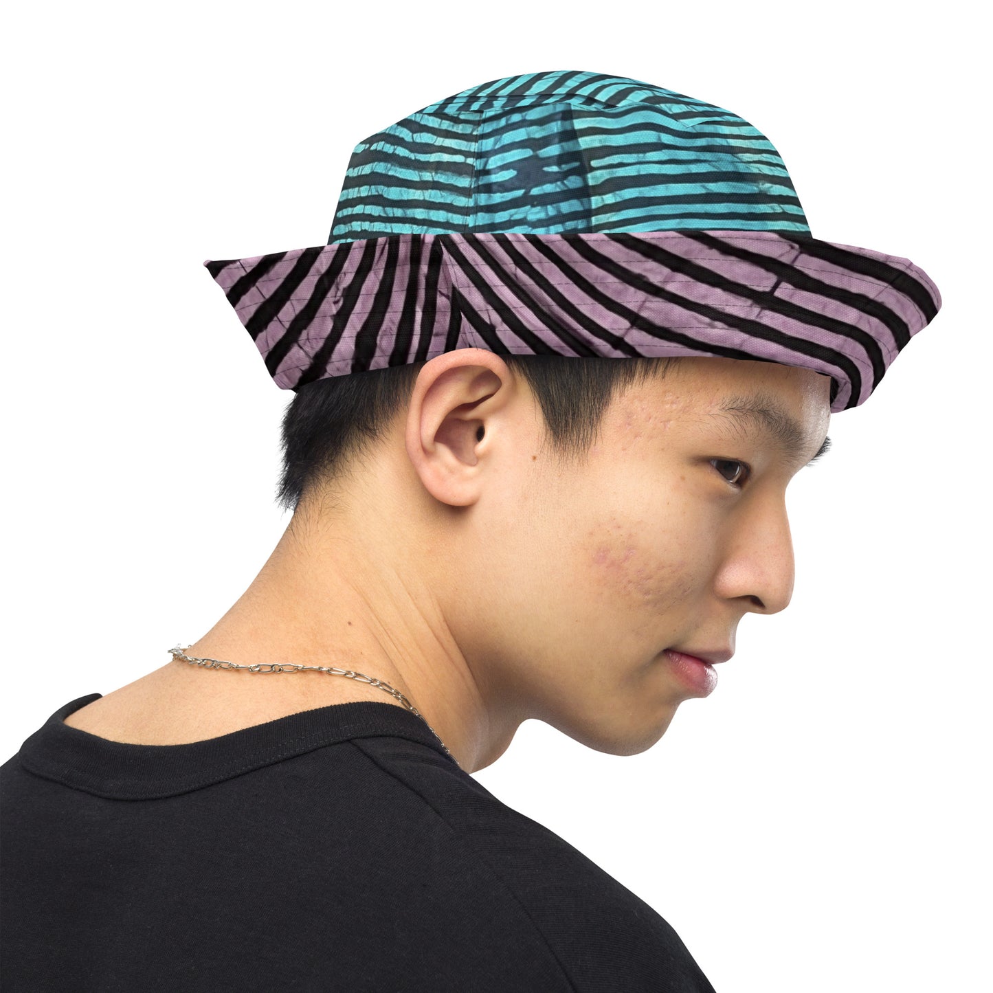 Aqua Pink Stripe Adire Reversible Bucket Hat