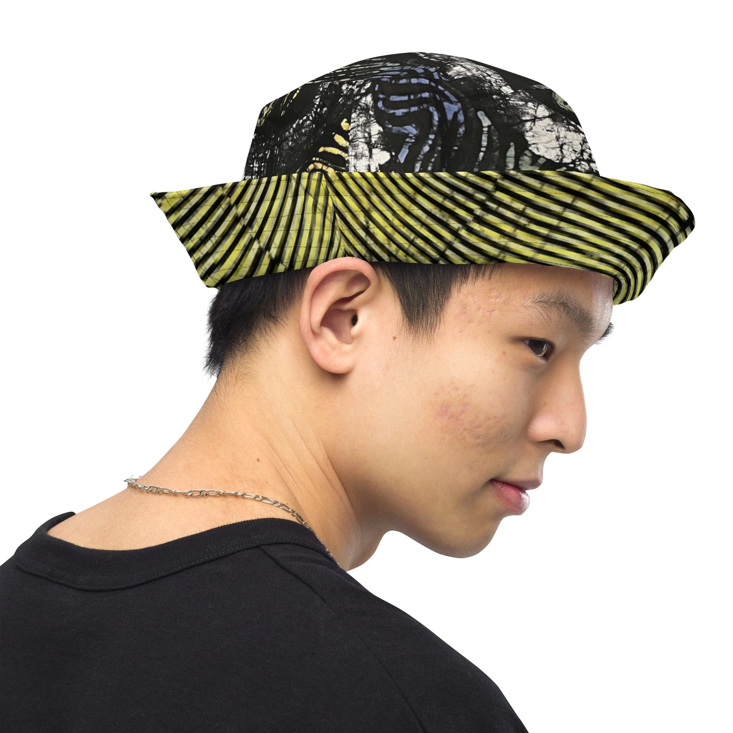 Yellow Indigo Black Swirls And Stripes Adire Reversible Bucket Hat