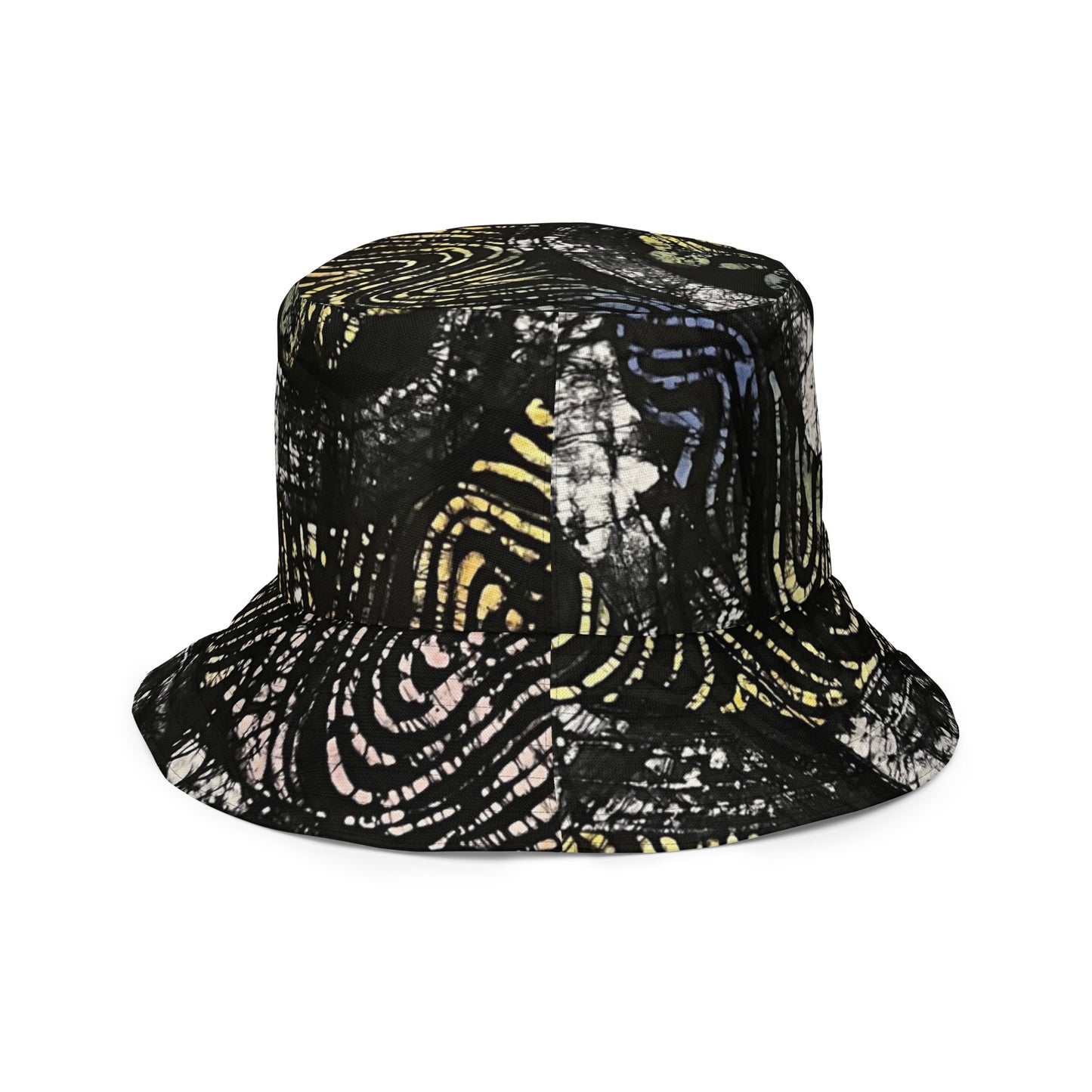 Yellow Indigo Black Swirls And Stripes Adire Reversible Bucket Hat