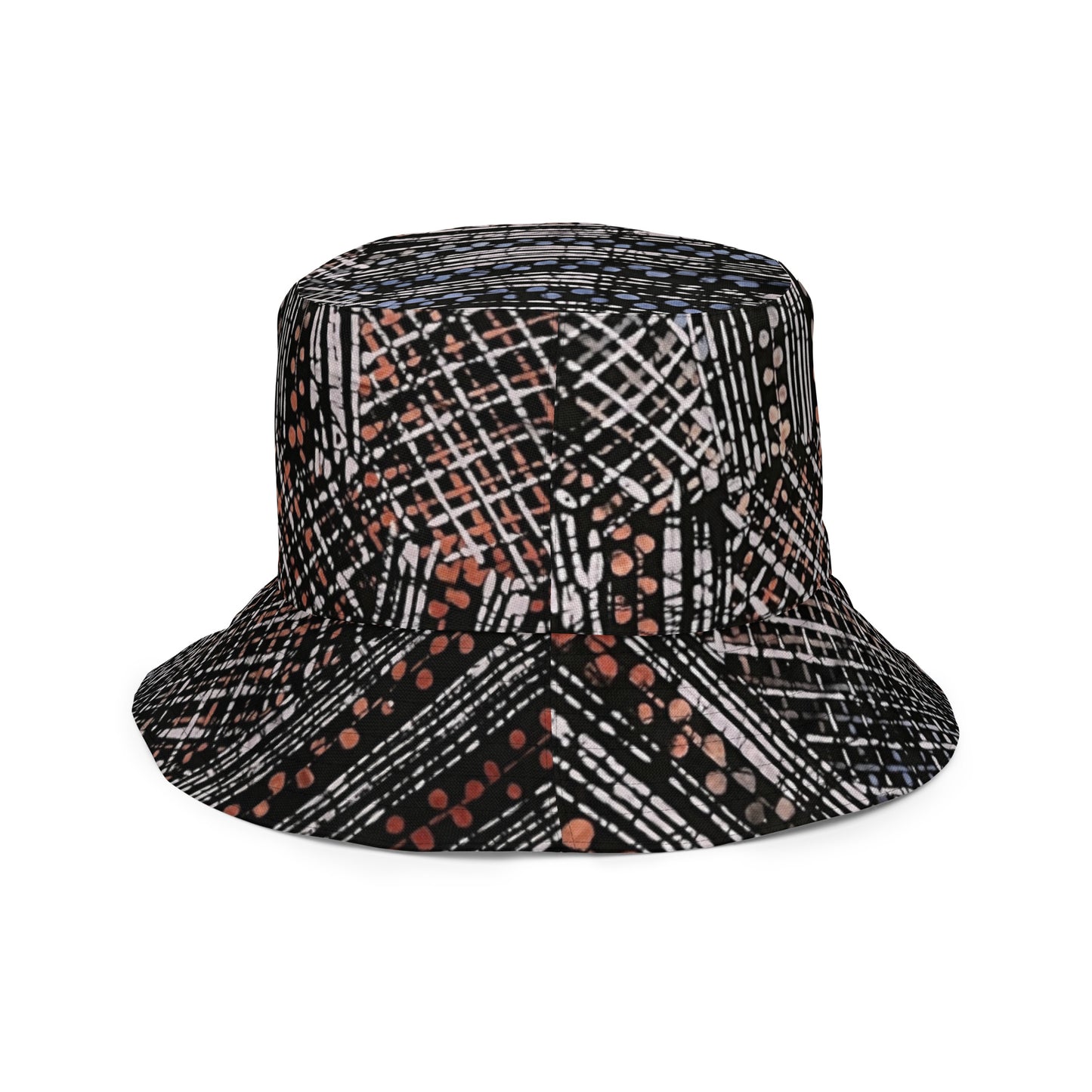 Red Blue Yellow Brown Noughts and Crosses Adire Reversible Bucket Hat