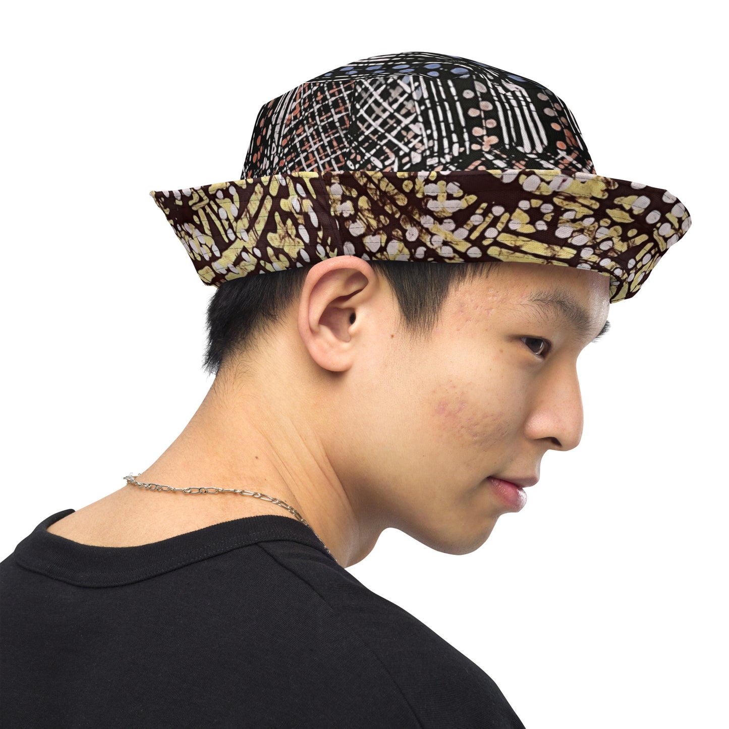 Red Blue Yellow Brown Noughts and Crosses Adire Reversible Bucket Hat