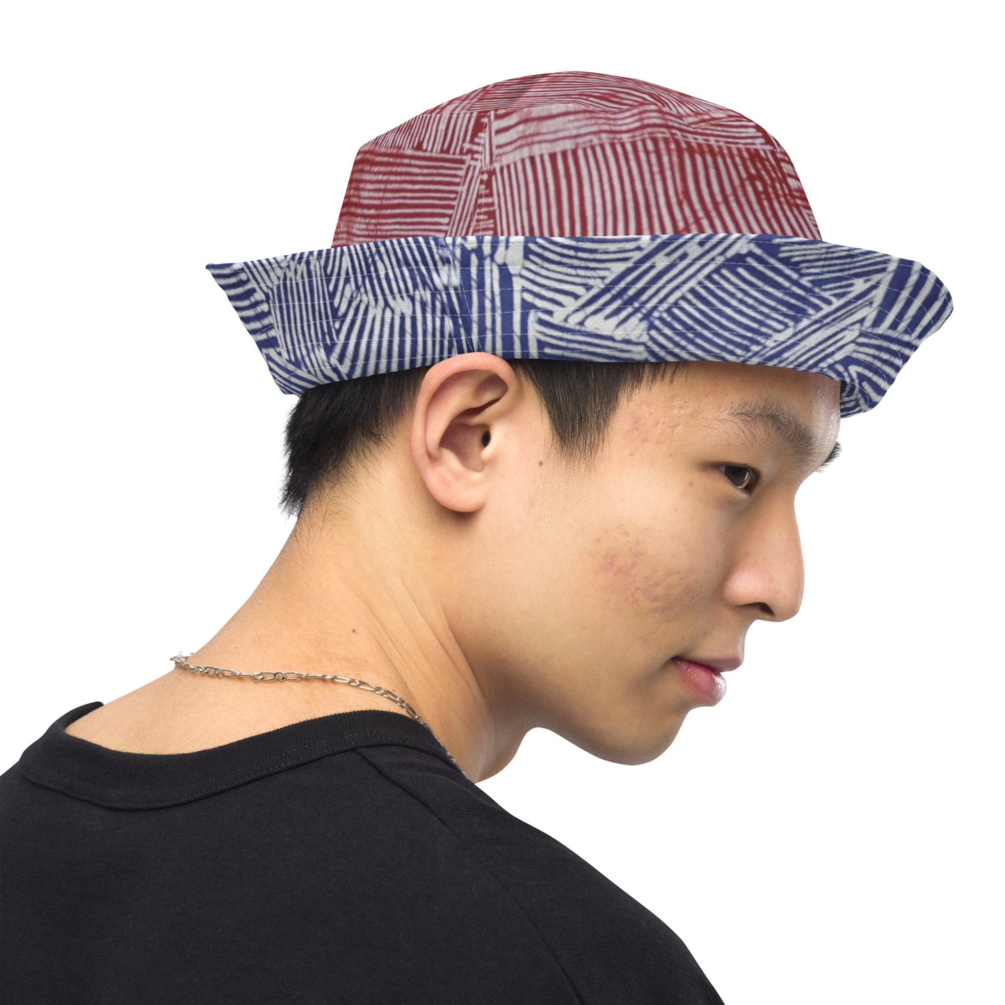 Red White Blue Stripe Adire Reversible Bucket Hat