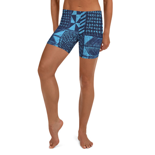 Black And Turquoise Shapes Adire Shorts