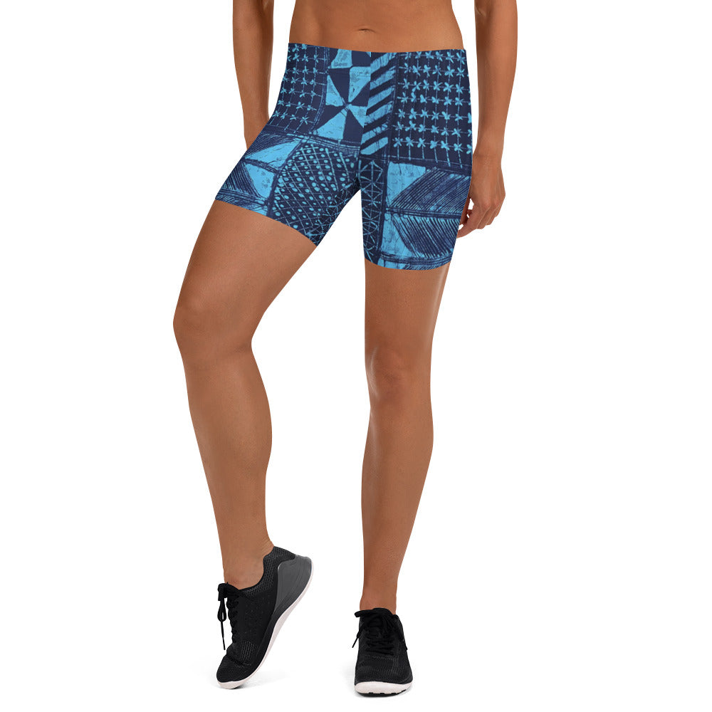 Black And Turquoise Shapes Adire Shorts