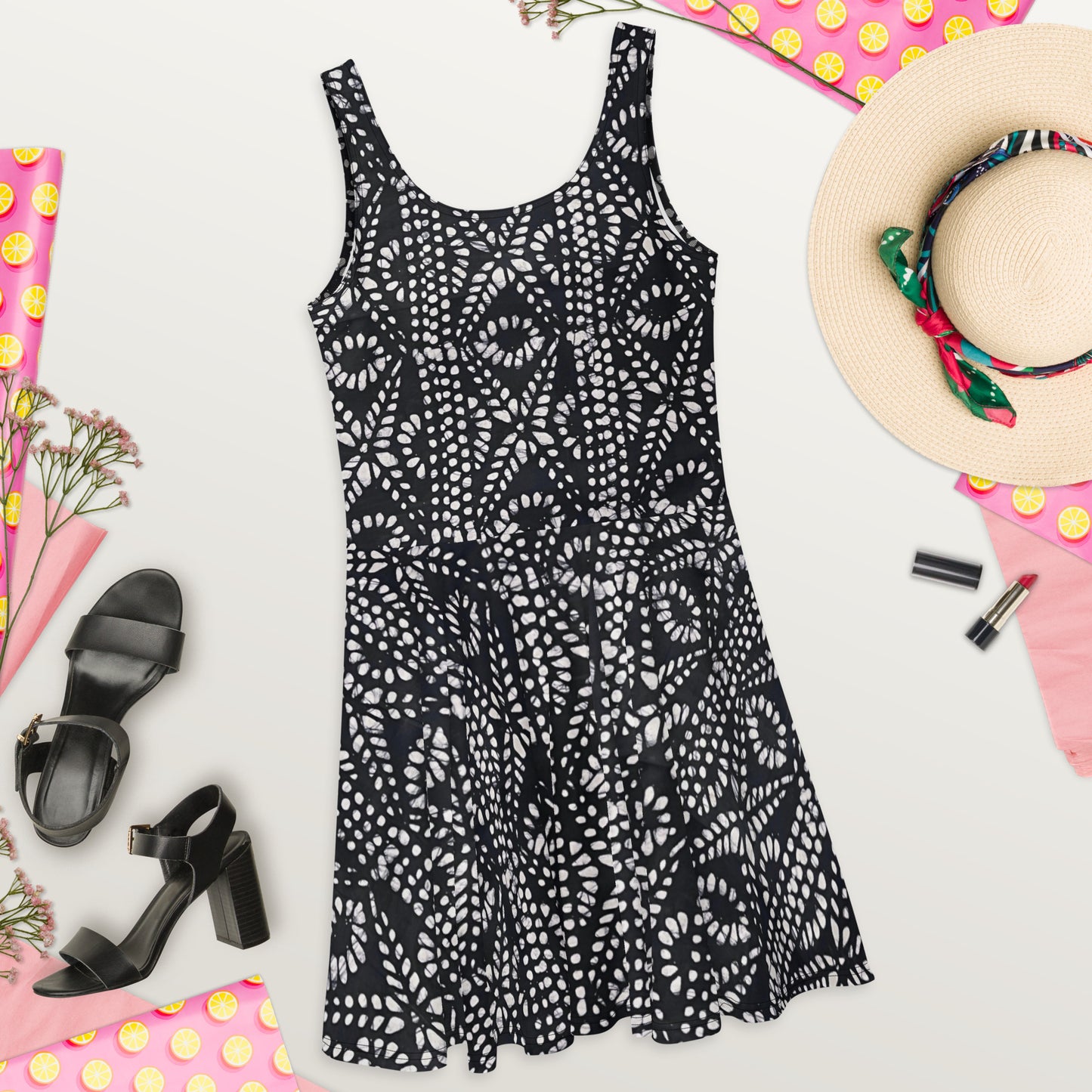 Black & White Aztec Adire Skater Dress