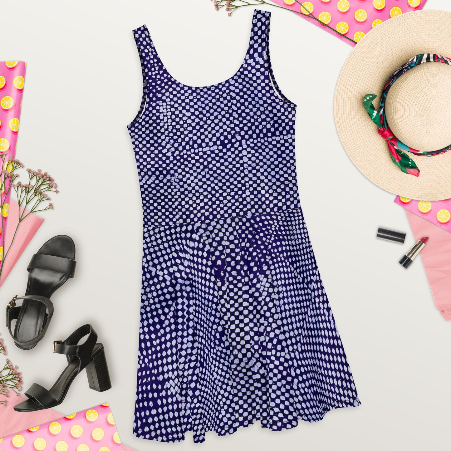 Purple & White Polka Dot Adire Skater Dress