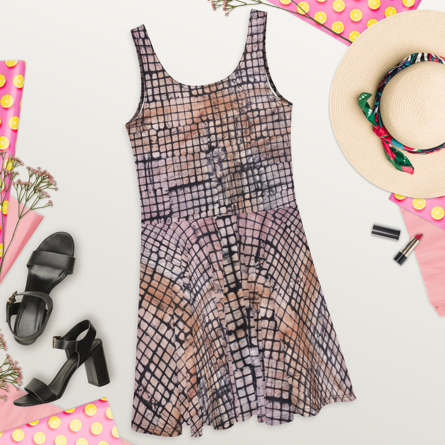 Pink Checked Adire Skater Dress