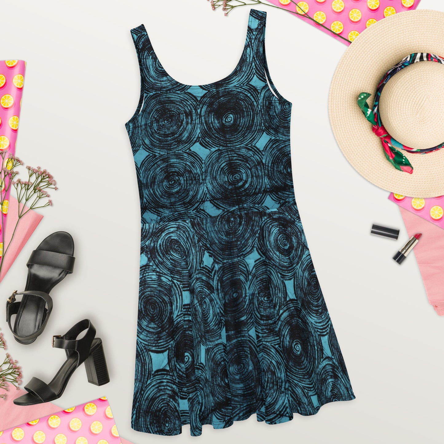 Turquoise & Black Swirls Adire Skater Dress