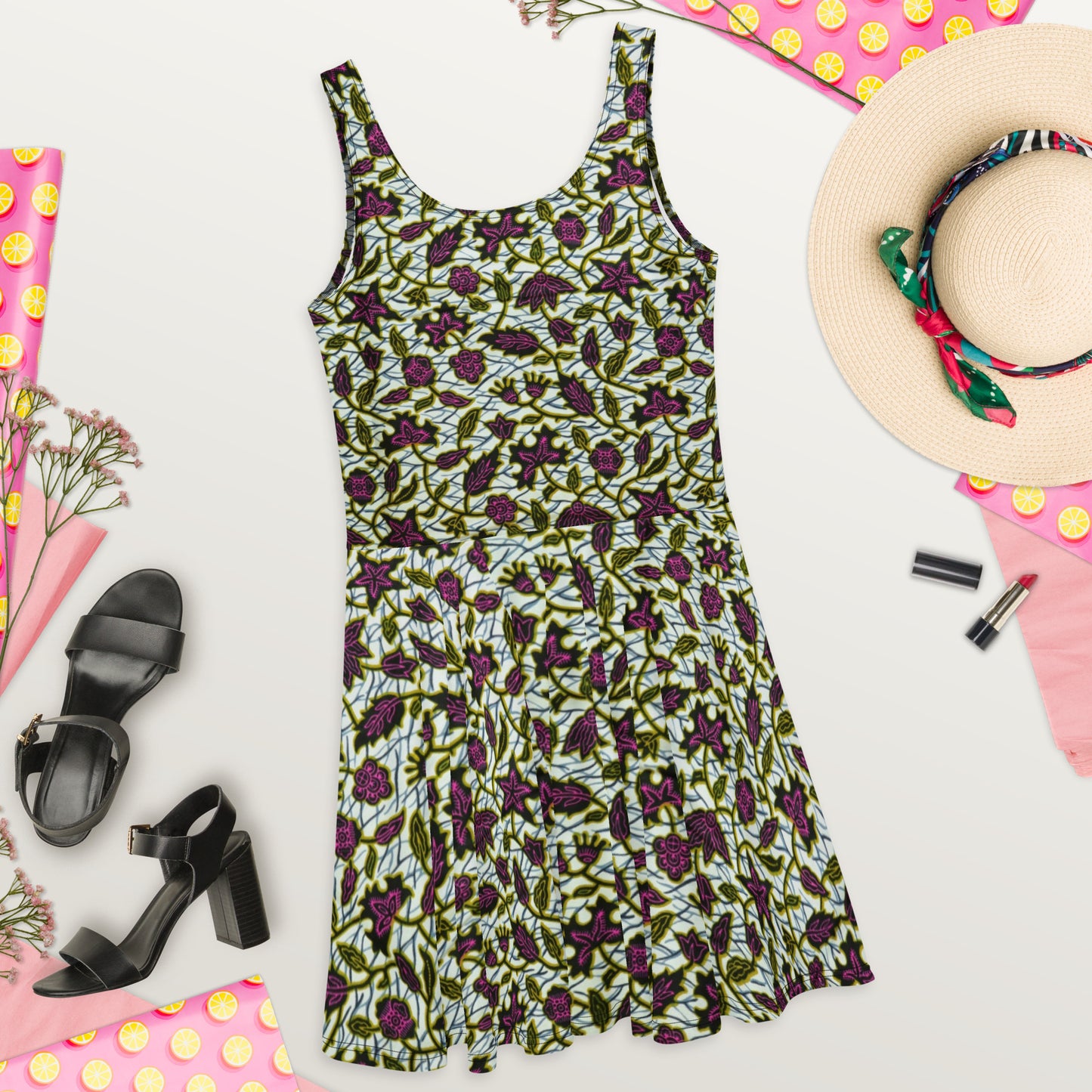 Pink Green Leaves Ankara Skater Dress