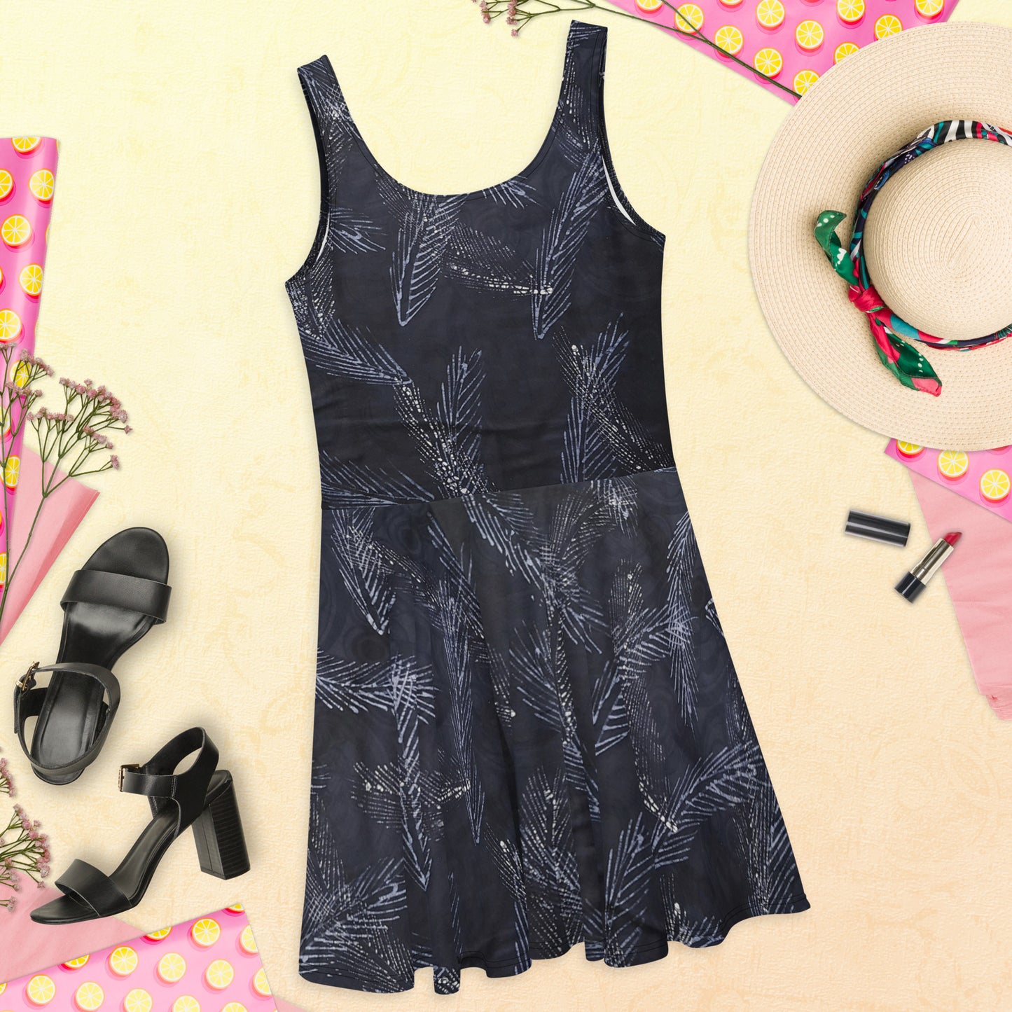 Dark Blue Leaf Adire Skater Dress