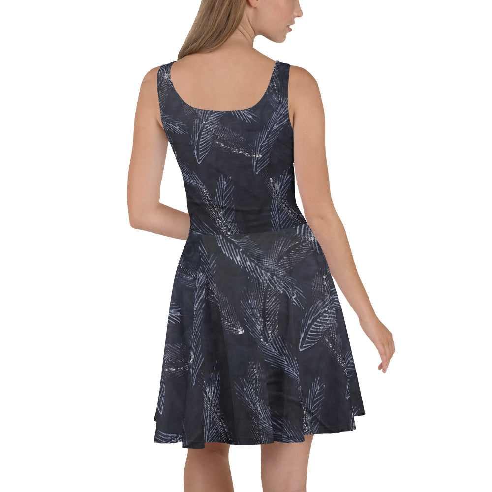 Dark Blue Leaf Adire Skater Dress