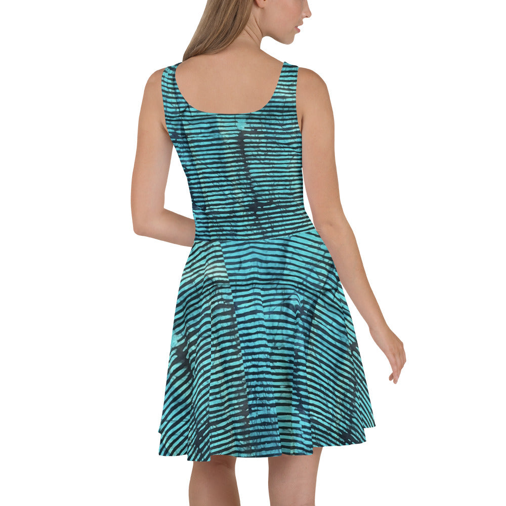 Aqua Black Stripes Adire Skater Dress