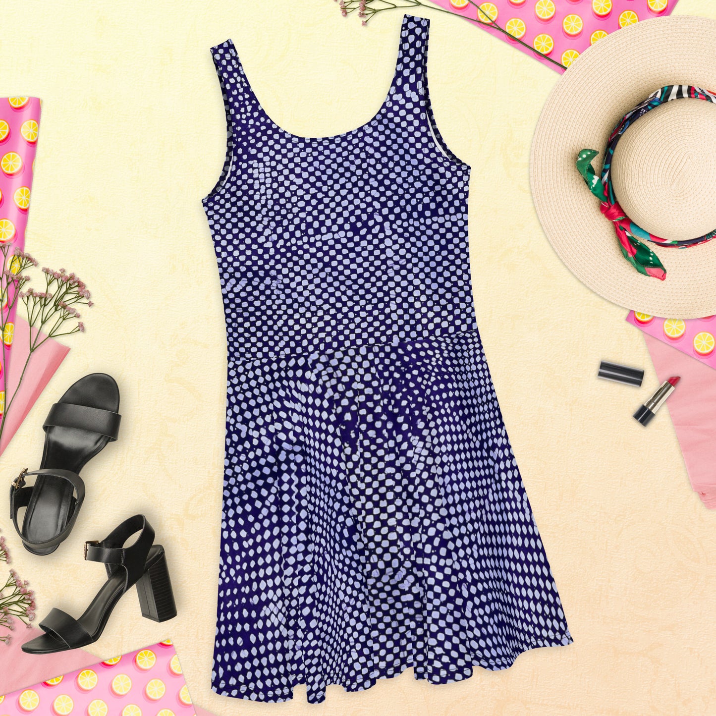 Purple & White Polka Dot Adire Skater Dress