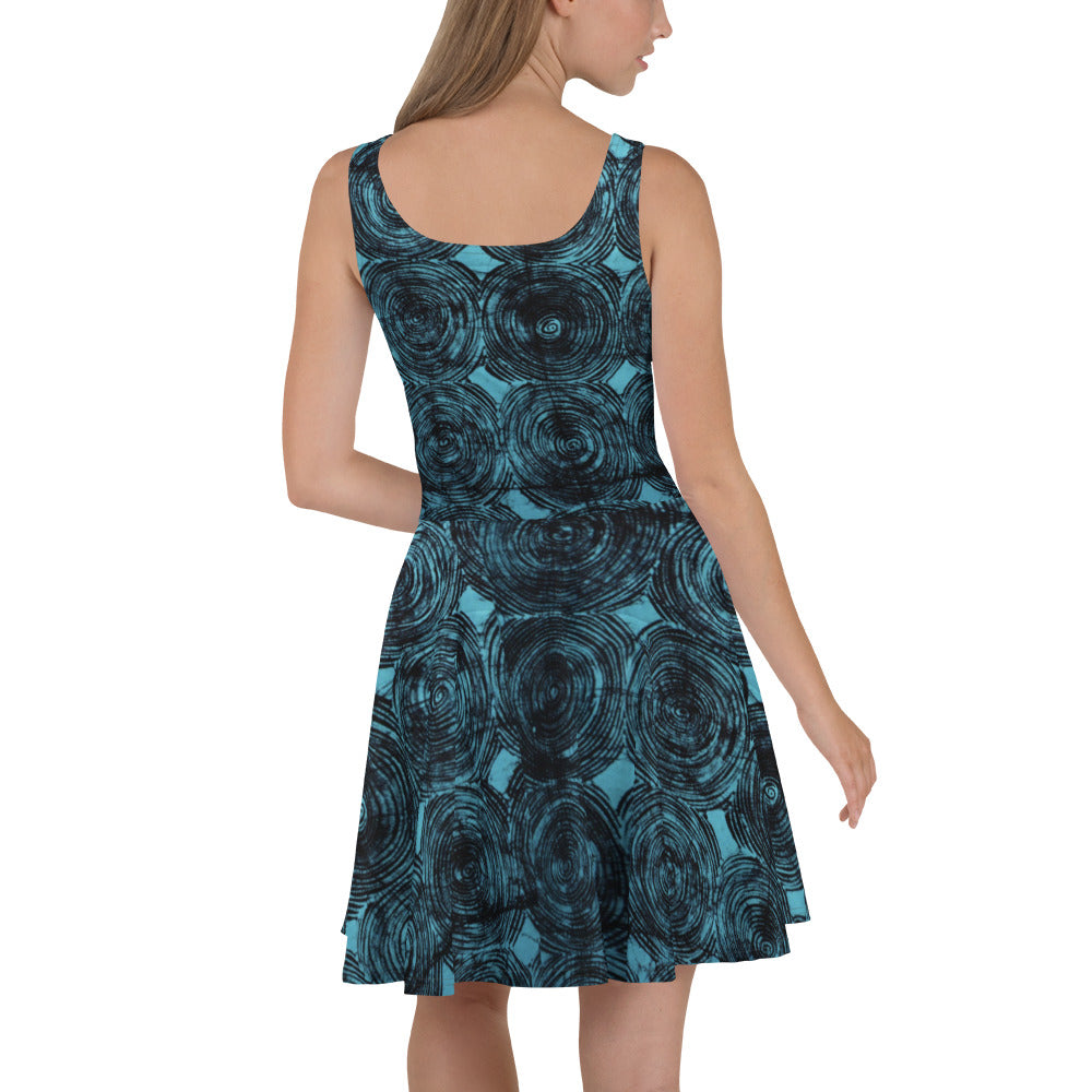 Turquoise & Black Swirls Adire Skater Dress